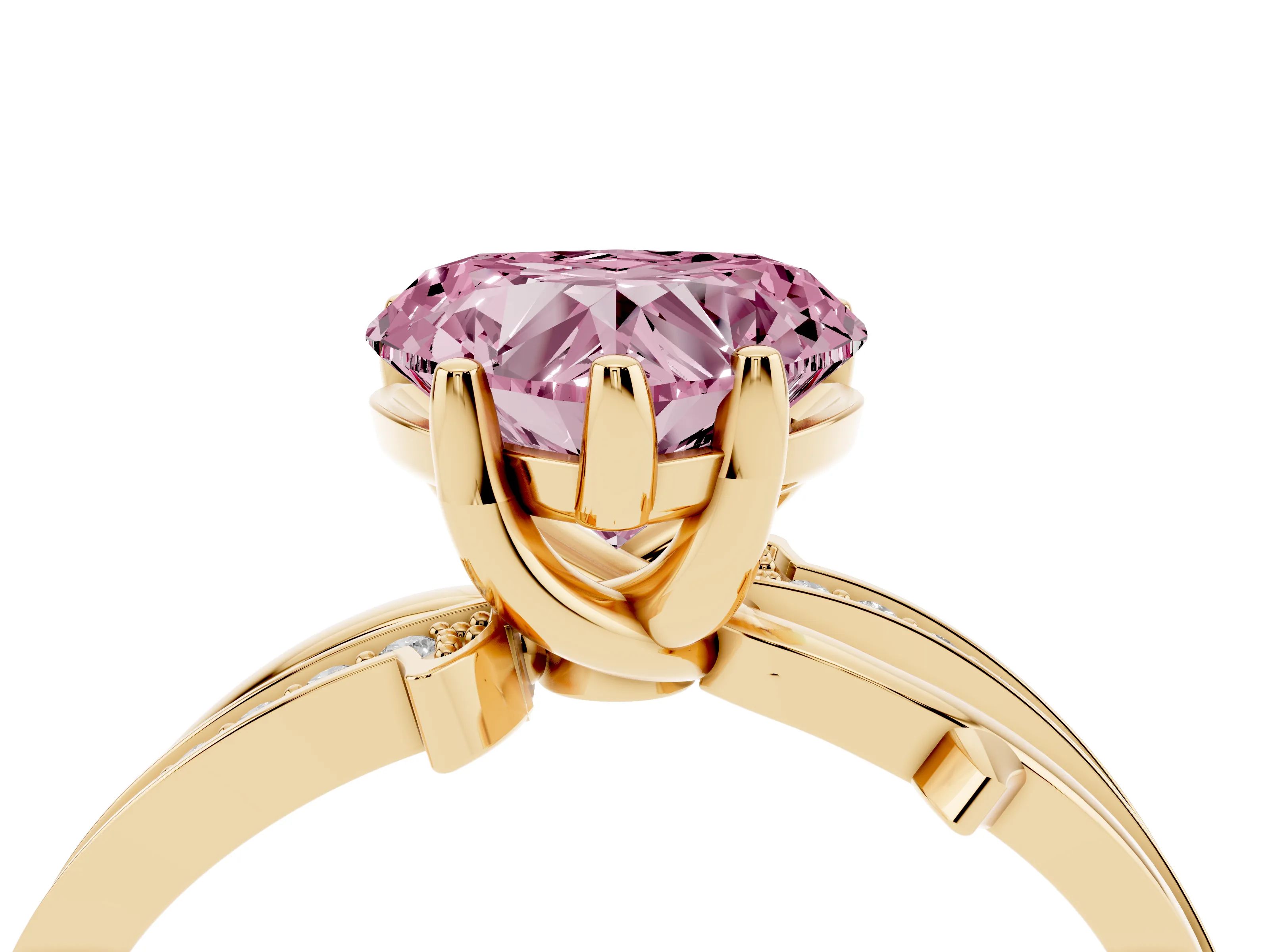 Fancy Pink Heart Cut Diamond Pavé Twist Band Solitaire Ring Set in Yellow gold with Prong Setting