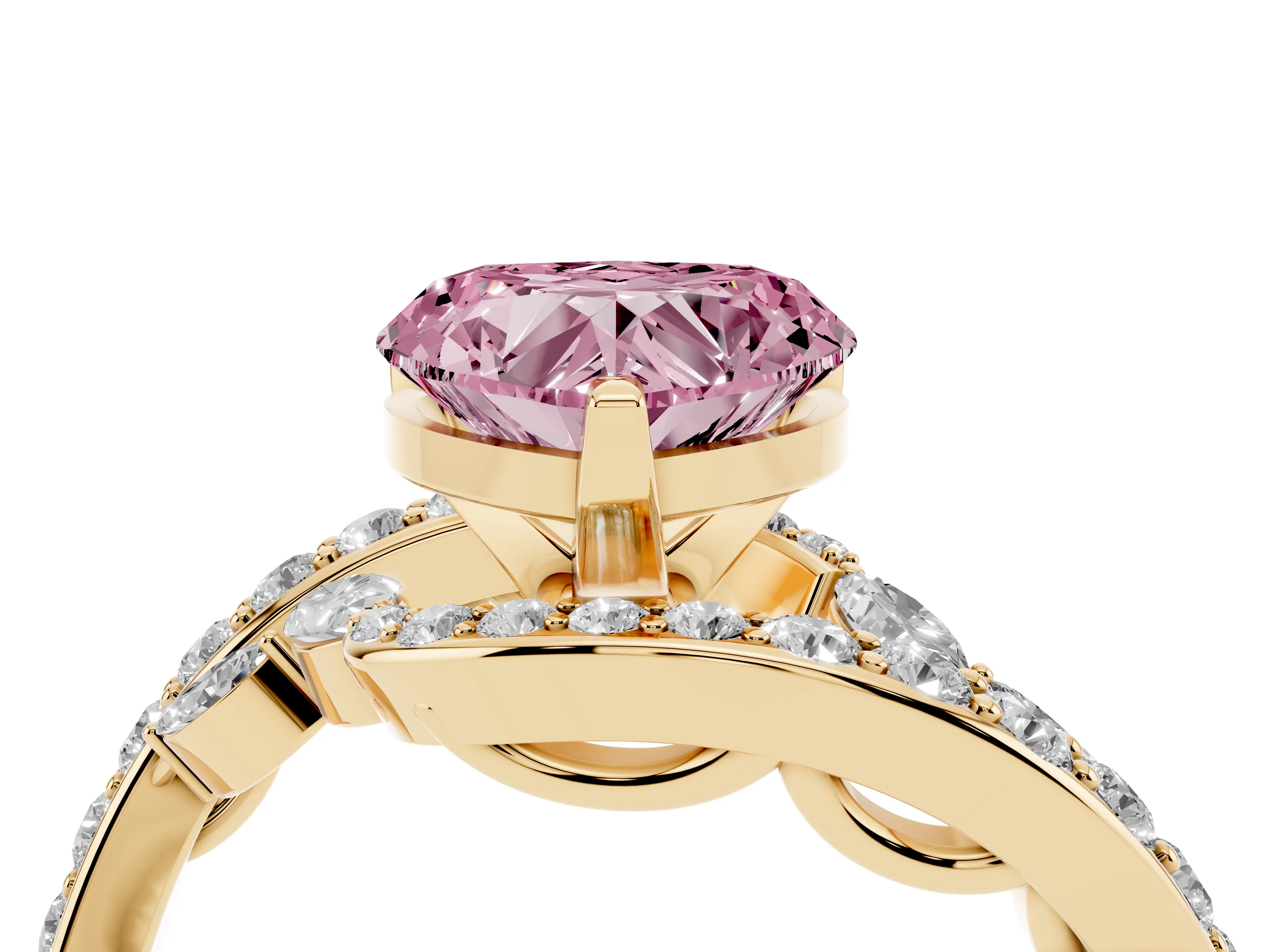 Fancy Pink Heart Cut Diamond Solitaire Ring Set in Yellow gold with Pavé Twist Band and Secure Prong Setting