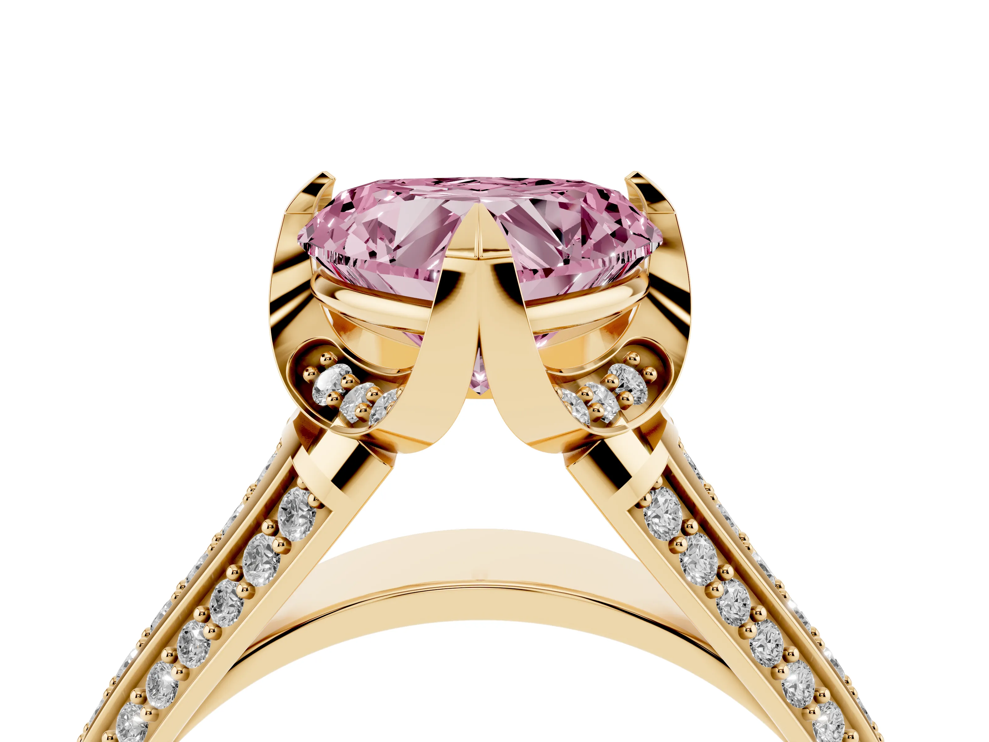 Fancy Pink Heart Cut Diamond Pavé Split Shank Solitaire Ring Set in Yellow gold with Prong Setting