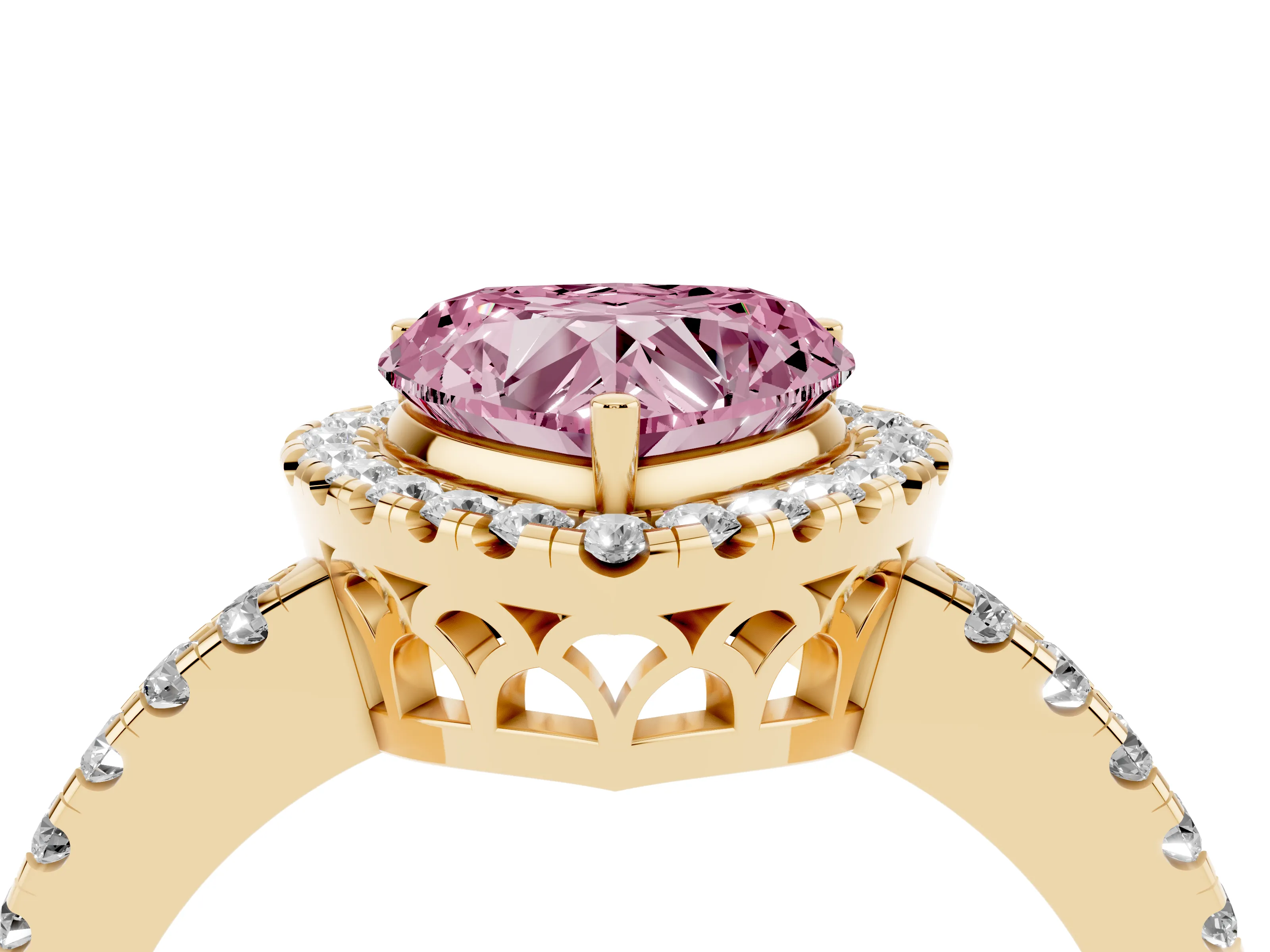 Fancy Pink Heart Cut Diamond Pavé Band Halo Engagement Ring Set in Yellow gold with Prong Setting