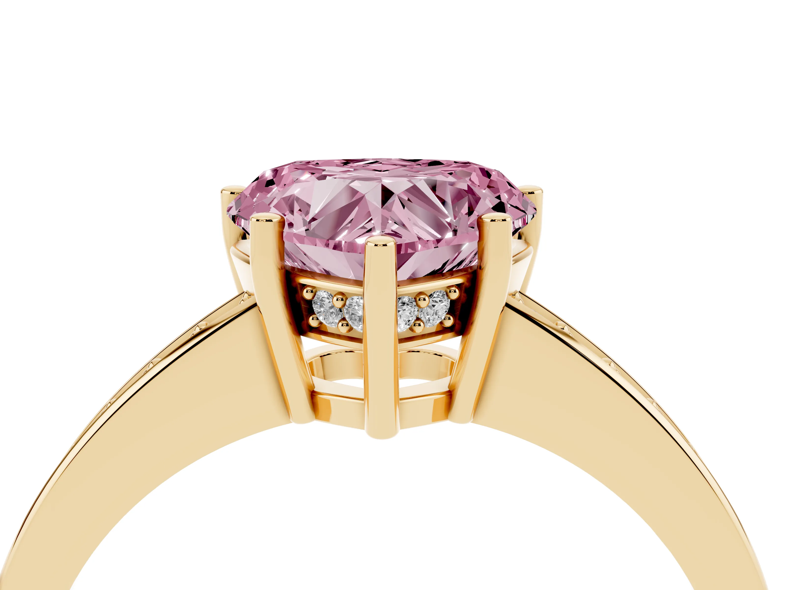 Fancy Pink Heart Cut Diamond Pavé Band Prong Set Solitaire Ring Set in Yellow gold