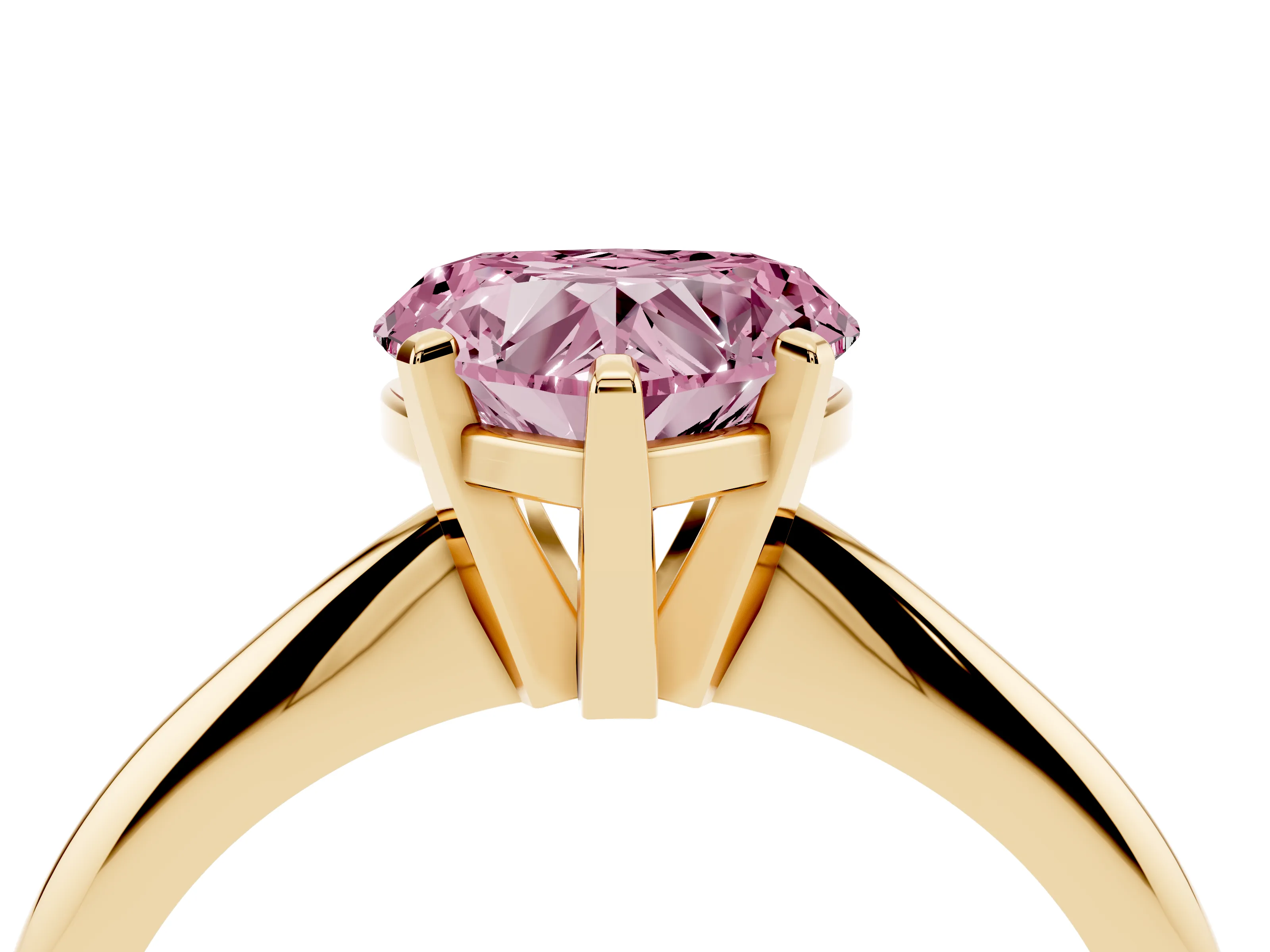 Fancy Pink Heart Cut Diamond Solitaire Ring Set in Yellow gold with Prong Setting on a Plain Round Band