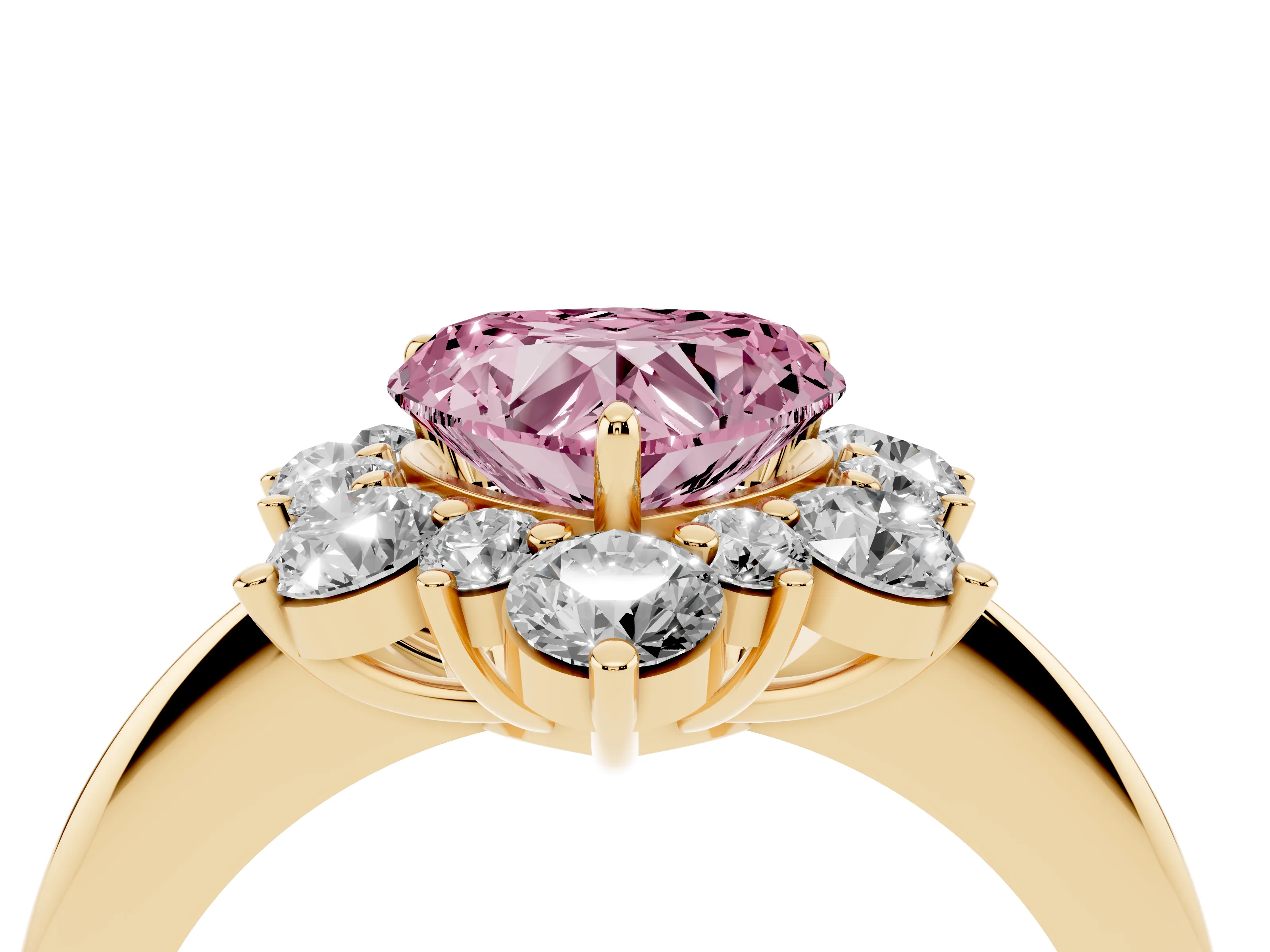 Fancy Pink Heart Cut Diamond Cluster Halo Ring Set in Yellow gold with Solitaire Band and Prong Setting