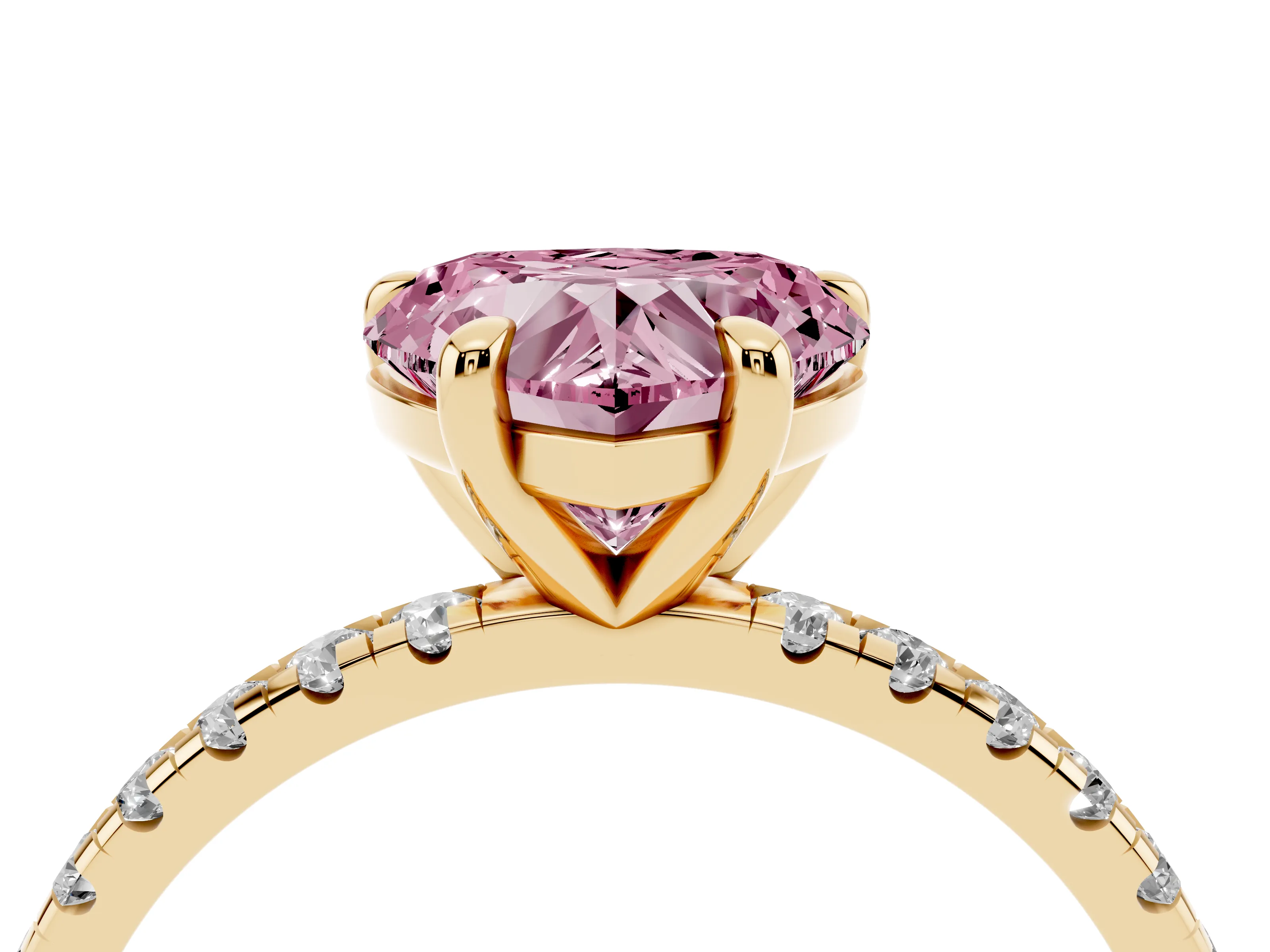 Fancy Pink Heart Cut Diamond Brilliant Solitaire Ring Set in Yellow gold with Pavé Band and Prong Setting