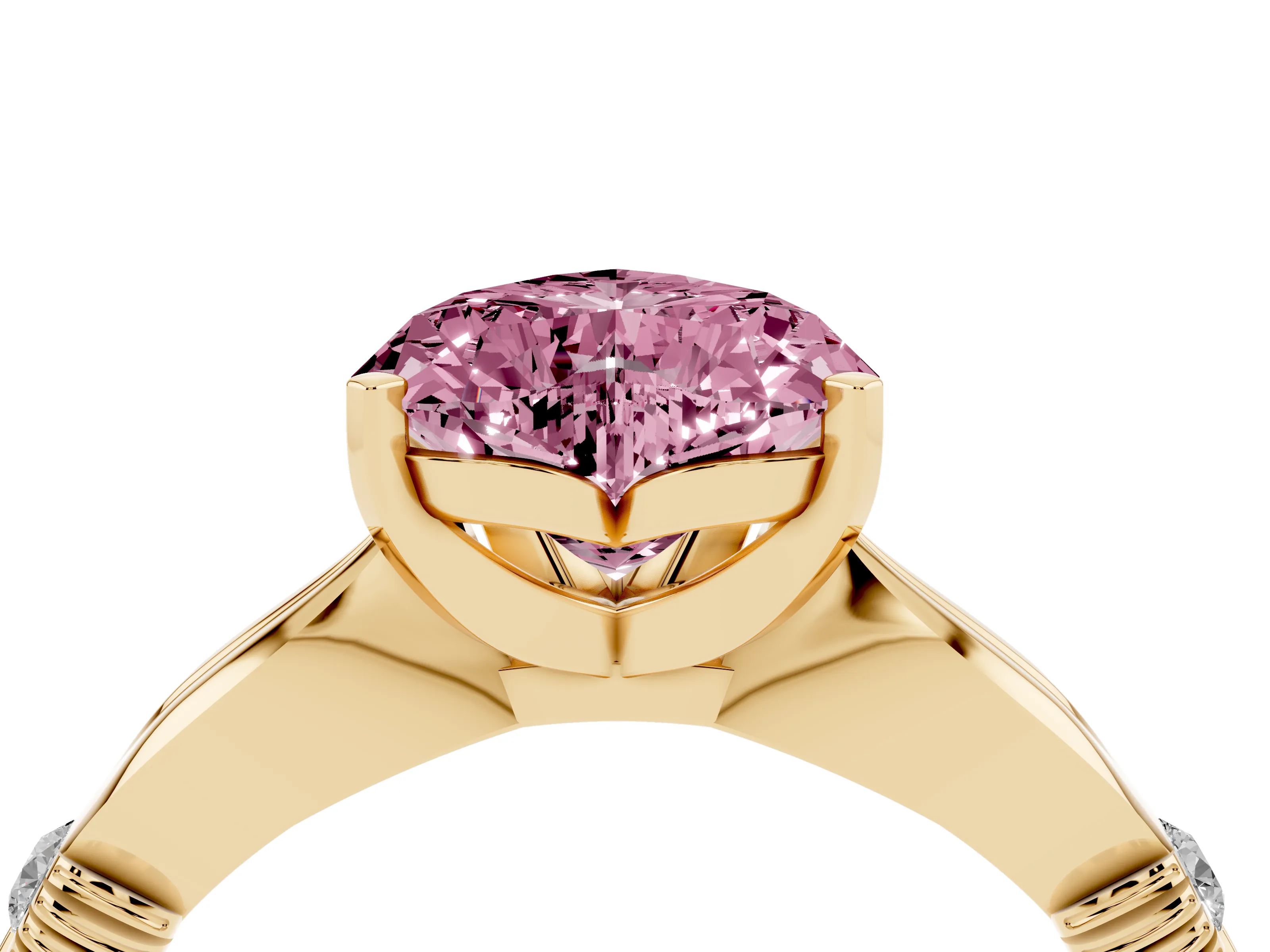 Fancy Pink Heart Cut Diamond Solitaire Twisted Band Ring Set in Yellow gold with Accent Stones and Prong Setting