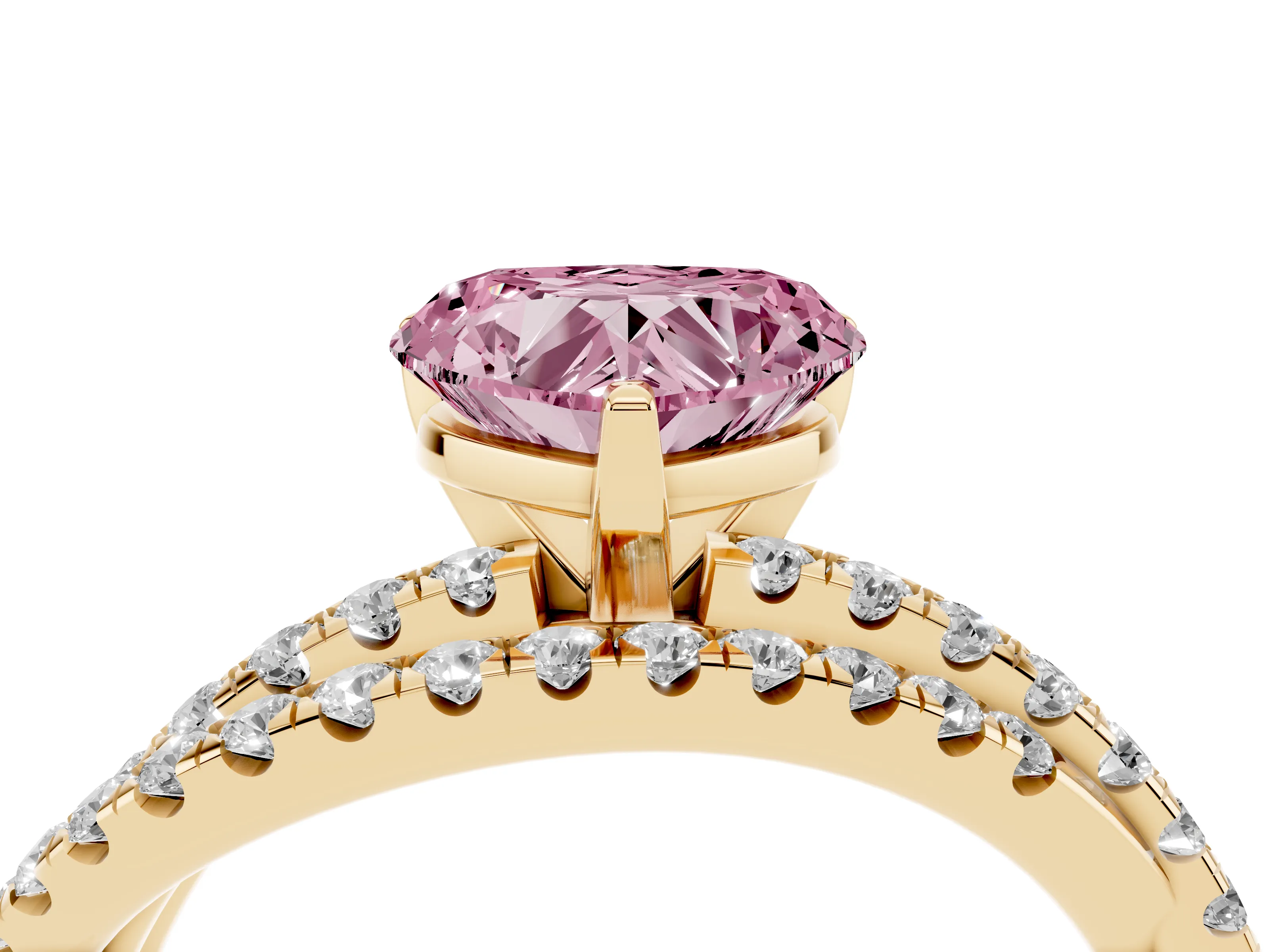 Fancy Pink Heart Cut Diamond Solitaire Twist Band Ring Set in Yellow gold with Pavé Setting and Prong Head