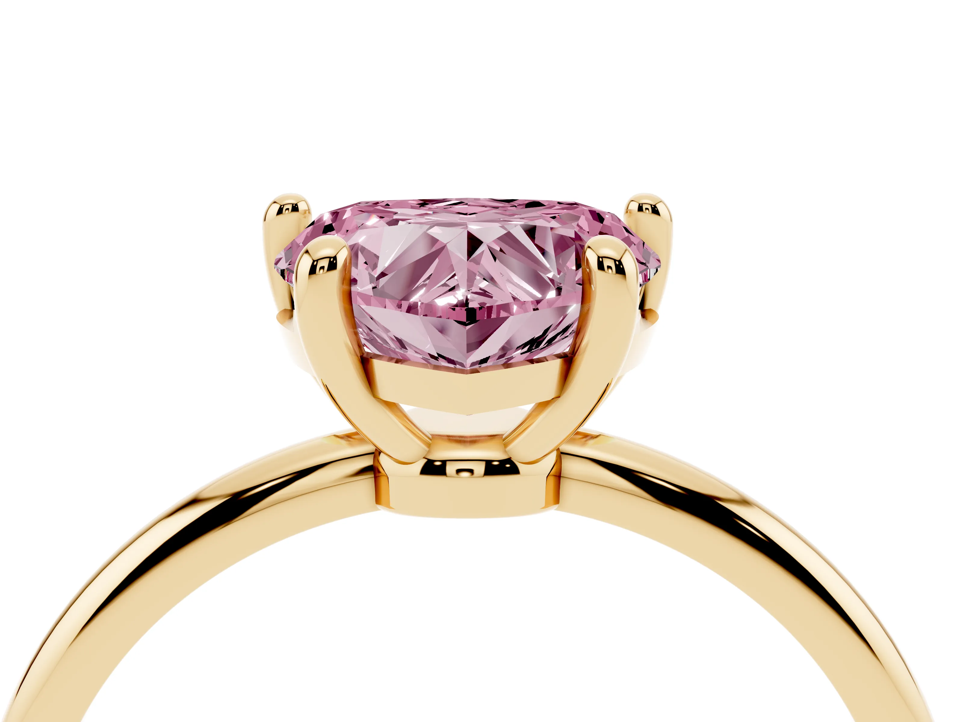 Fancy Pink Heart Cut Diamond Solitaire Ring Set in Yellow gold with Secure Prong Setting on a Classic Band
