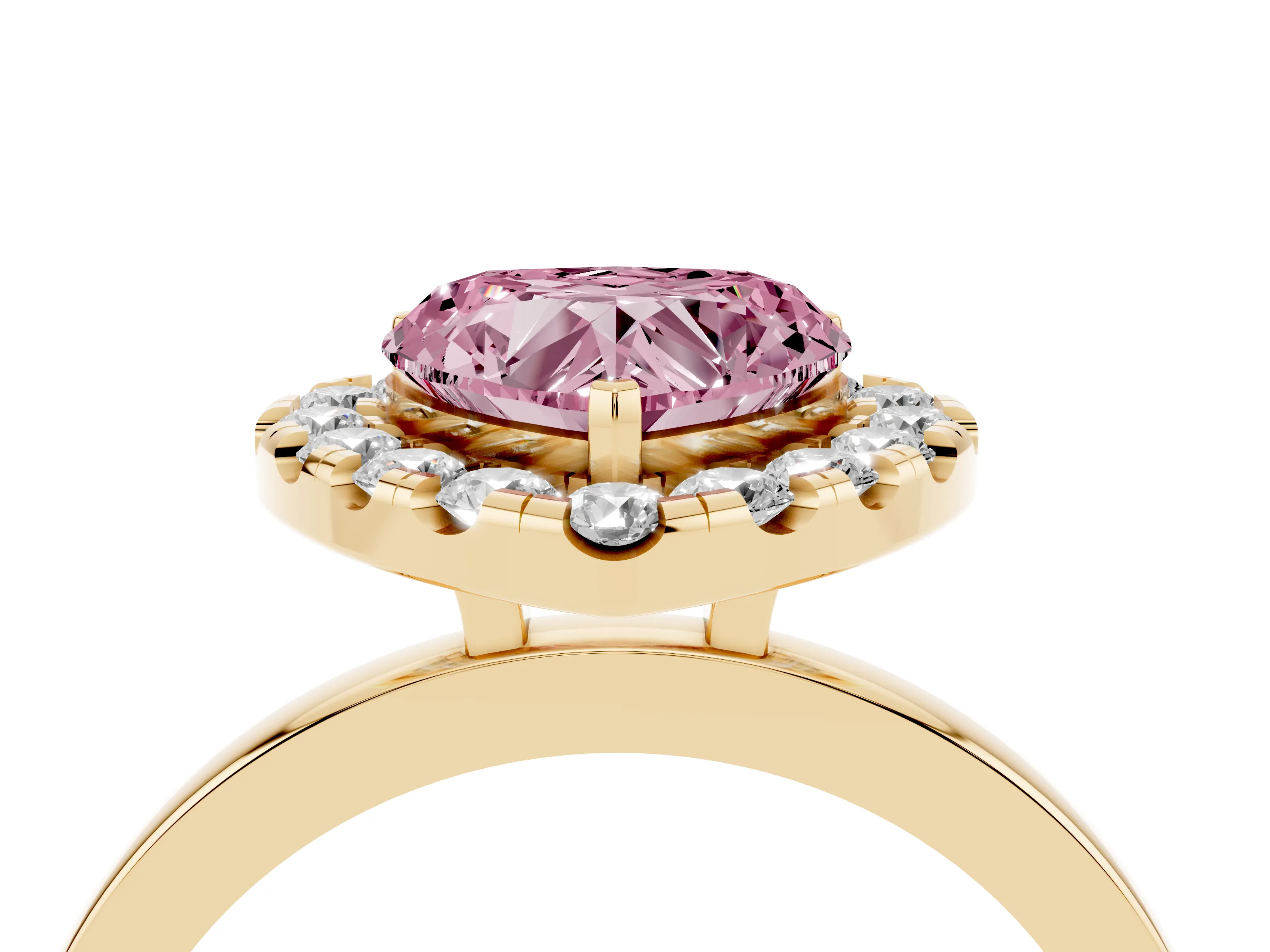 Fancy Pink Heart Cut Diamond Halo Solitaire Ring Set in Yellow gold with Pavé Band and Prong Setting