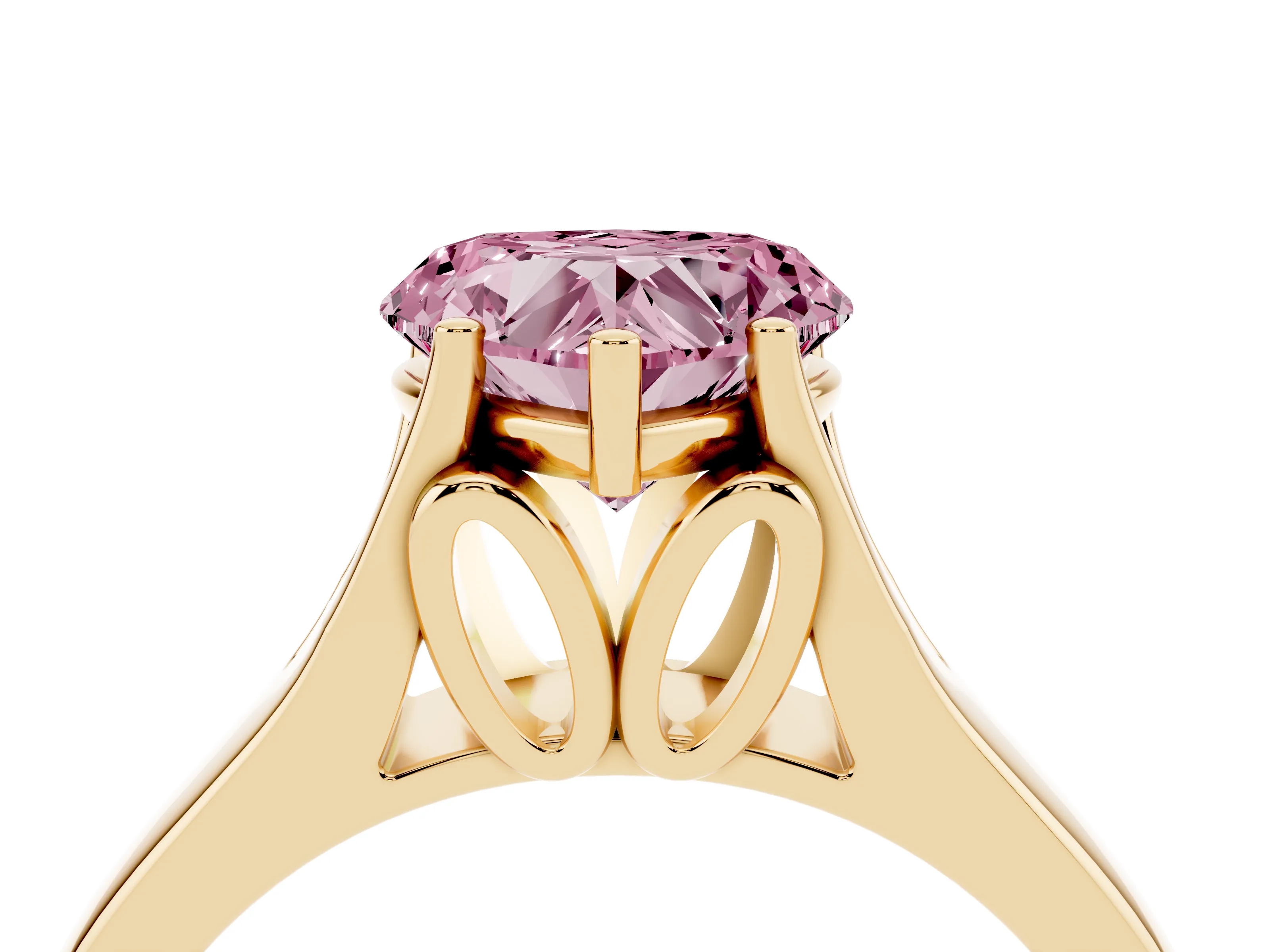 Fancy Pink Heart Cut Diamond Solitaire Ring Set in Yellow gold with Arched Cathedral Band and Prong Setting