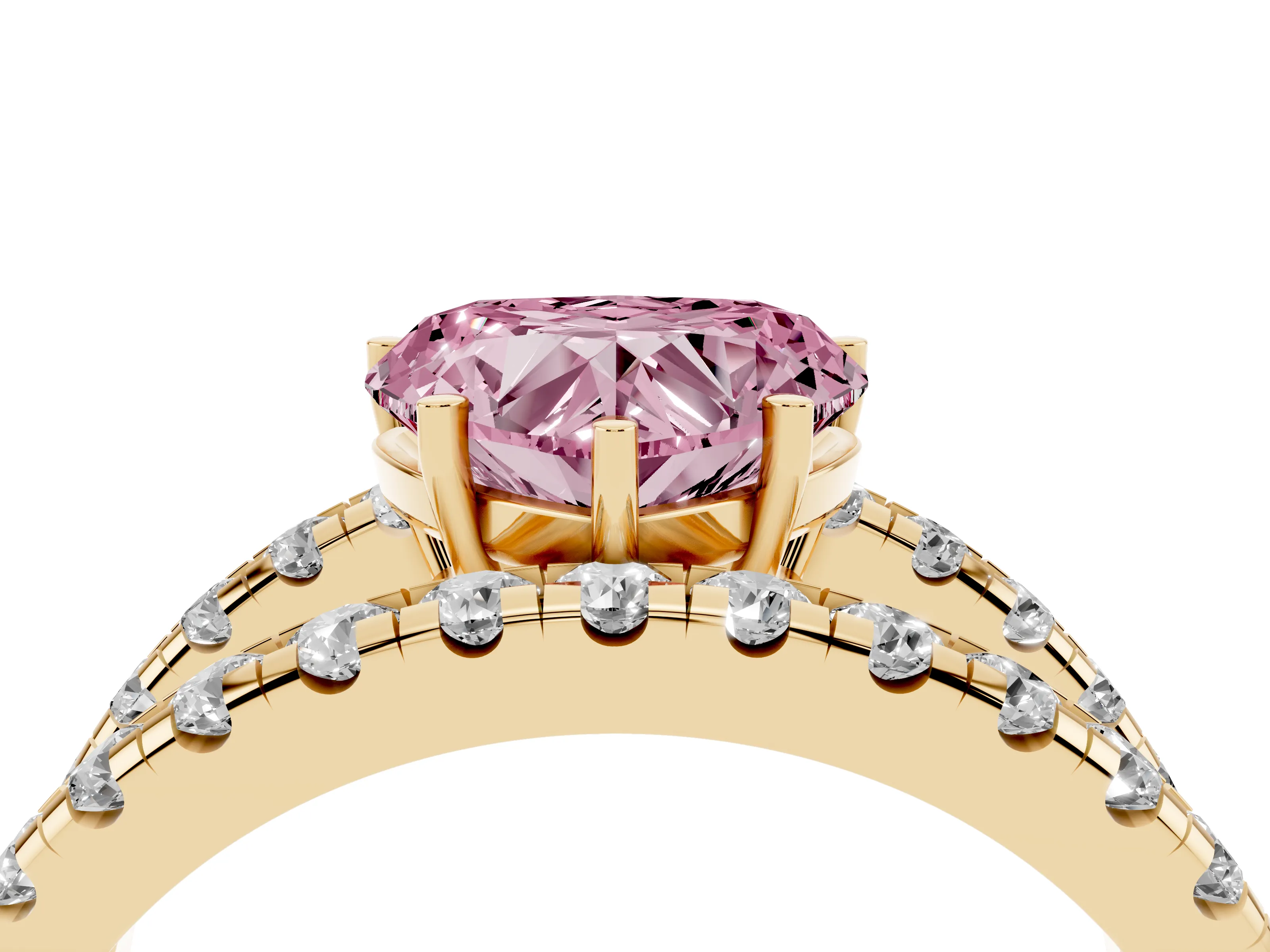 Fancy Pink Heart Cut Diamond Split Shank Pavé Solitaire Ring Set in Yellow gold with Open Shank Design