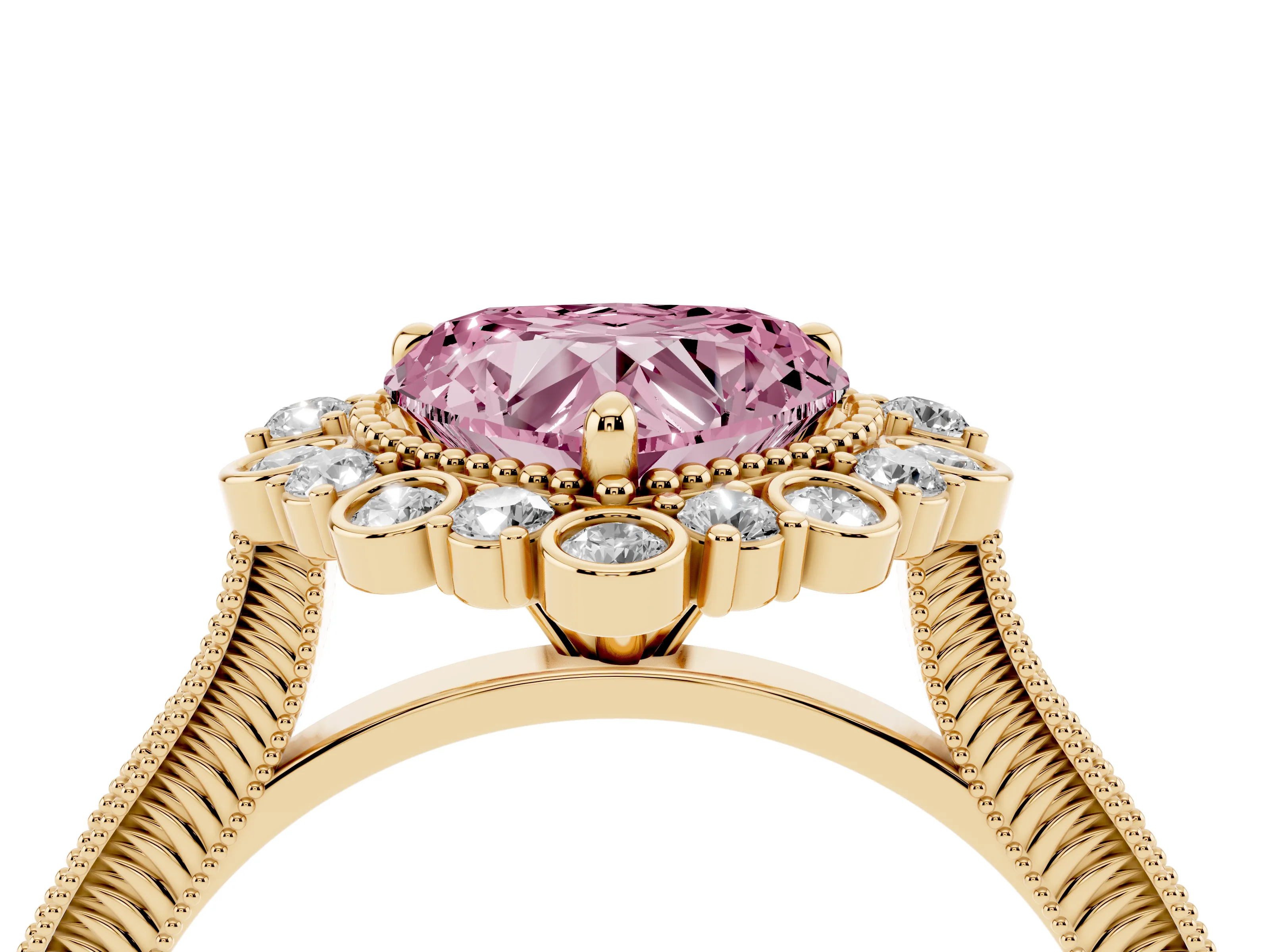 Fancy Pink Heart Cut Diamond Halo Milgrain Pavé Ring Set in Yellow gold with Prong Setting