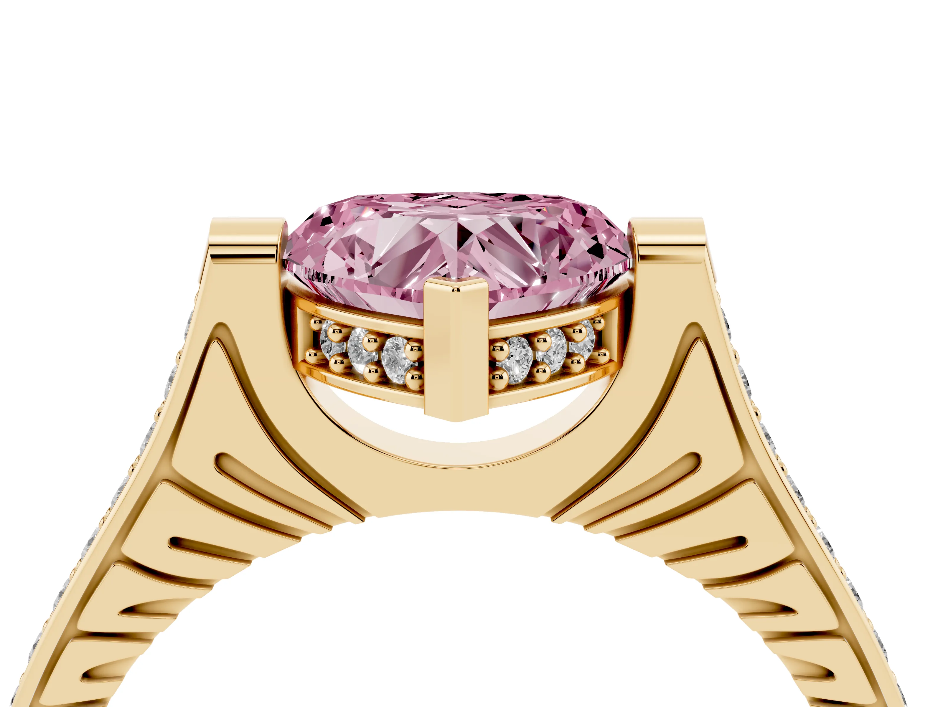 Fancy Pink Heart Cut Diamond Solitaire Ring Set in Yellow gold with Channel Set Band and Bezel Prong Setting