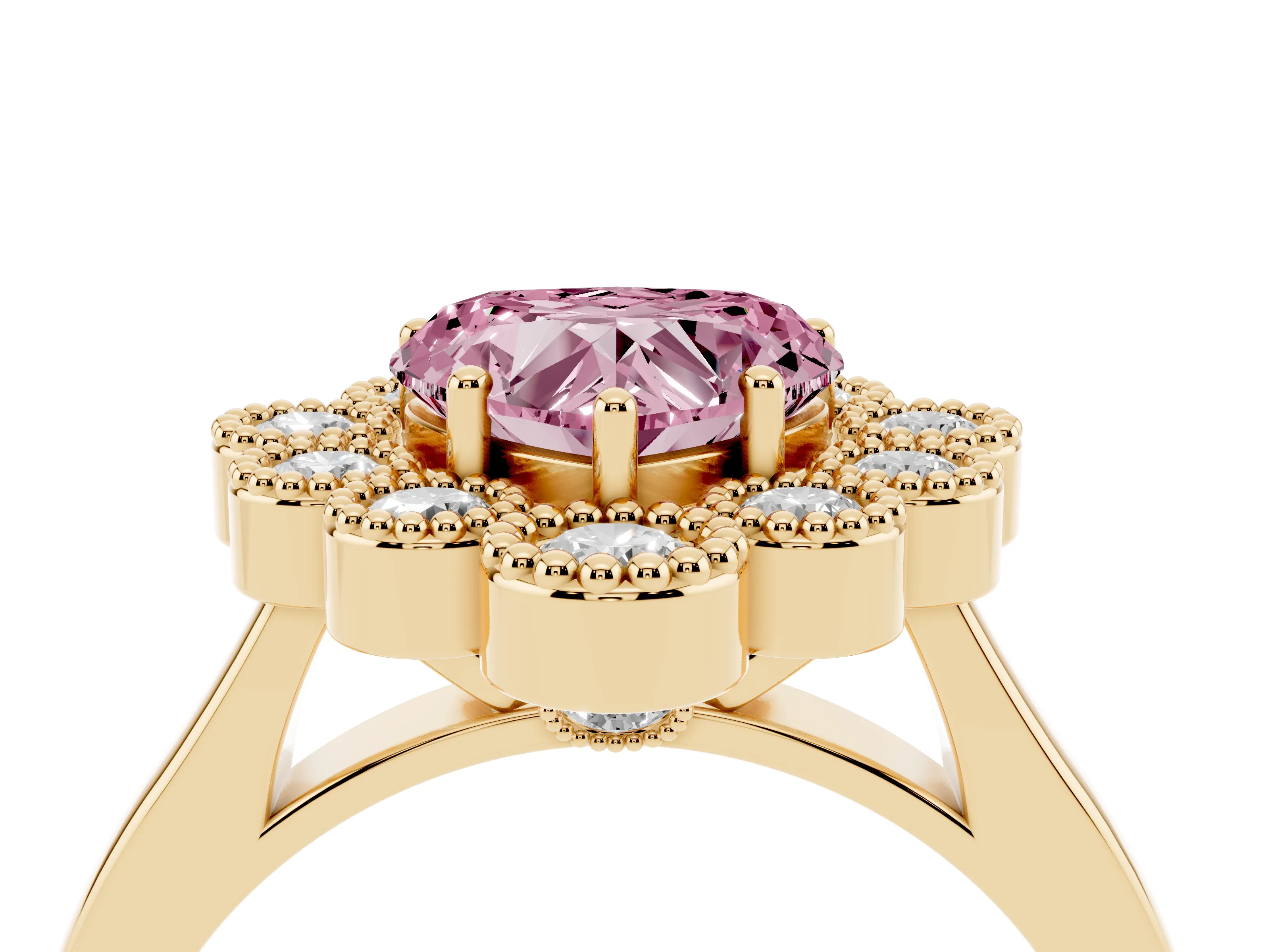 Fancy Pink Heart Cut Diamond Cluster Halo Ring Set in Yellow gold with Milgrain Bezel Accents and Plain Band