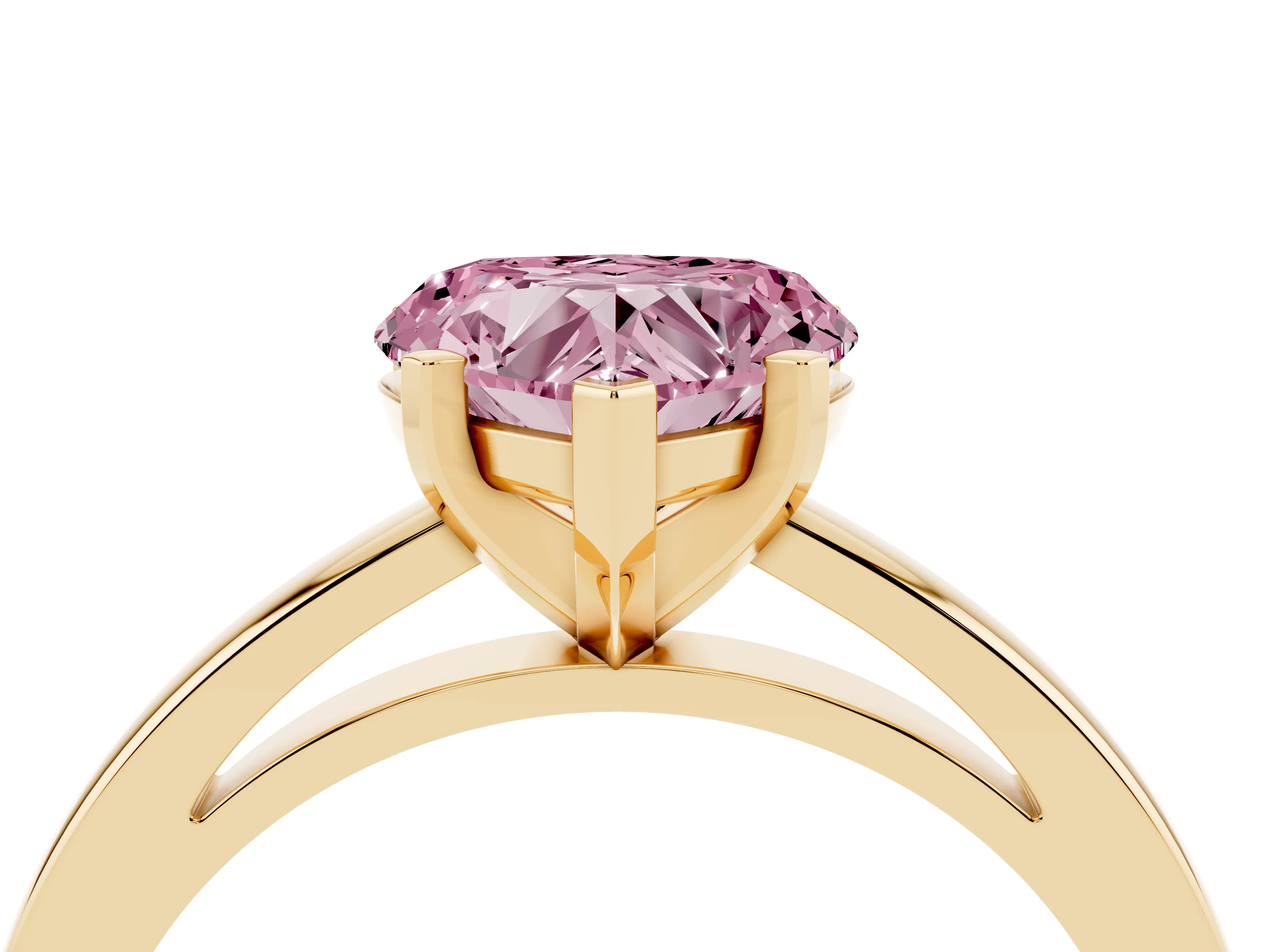 Fancy Pink Heart Cut Diamond Solitaire Engagement Ring Set in Yellow gold with Prong Setting on a Classic Band