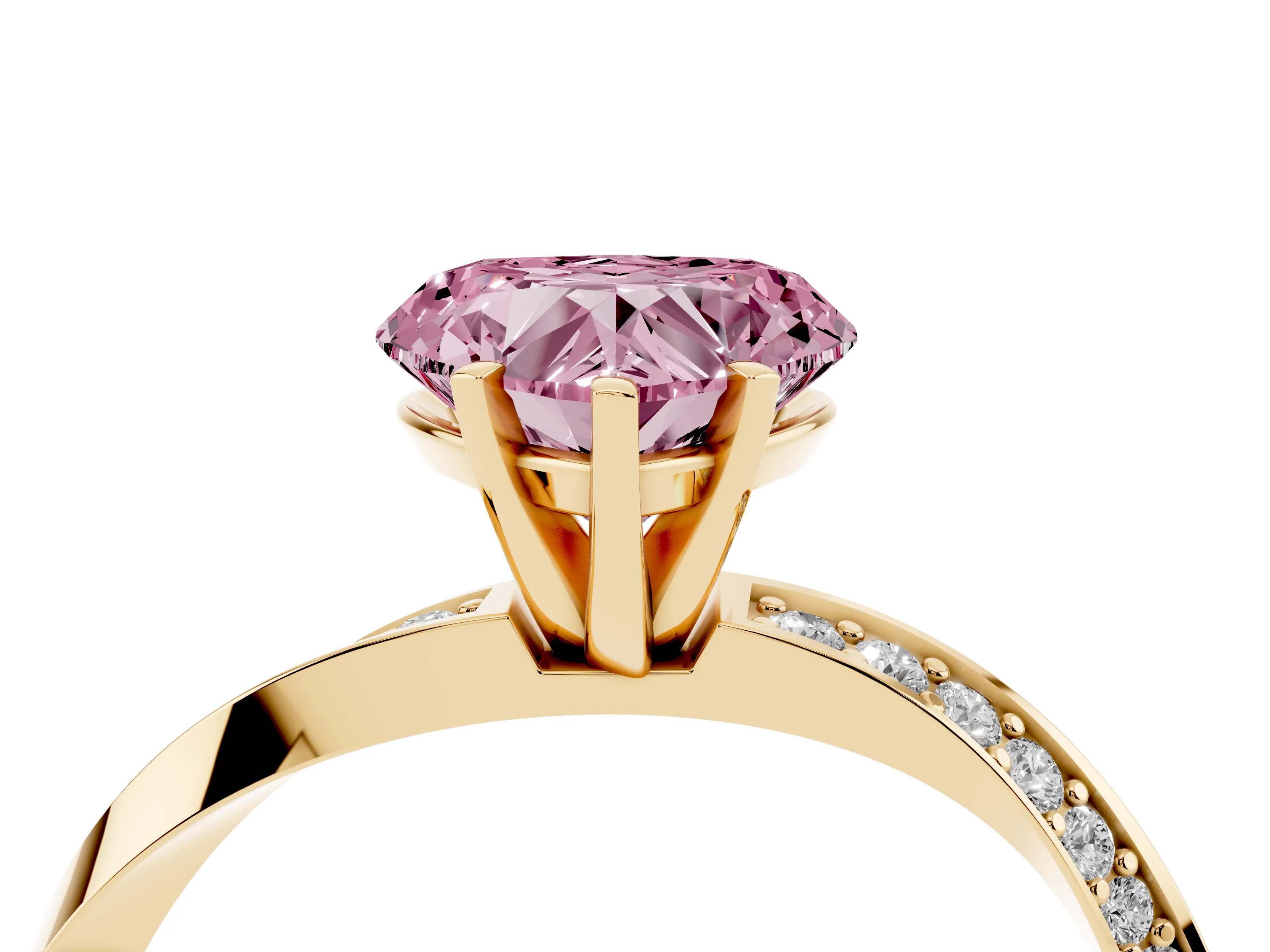 Fancy Pink Heart Cut Diamond Engagement Ring Set in Yellow gold with Side Stone Accents and Prong Setting
