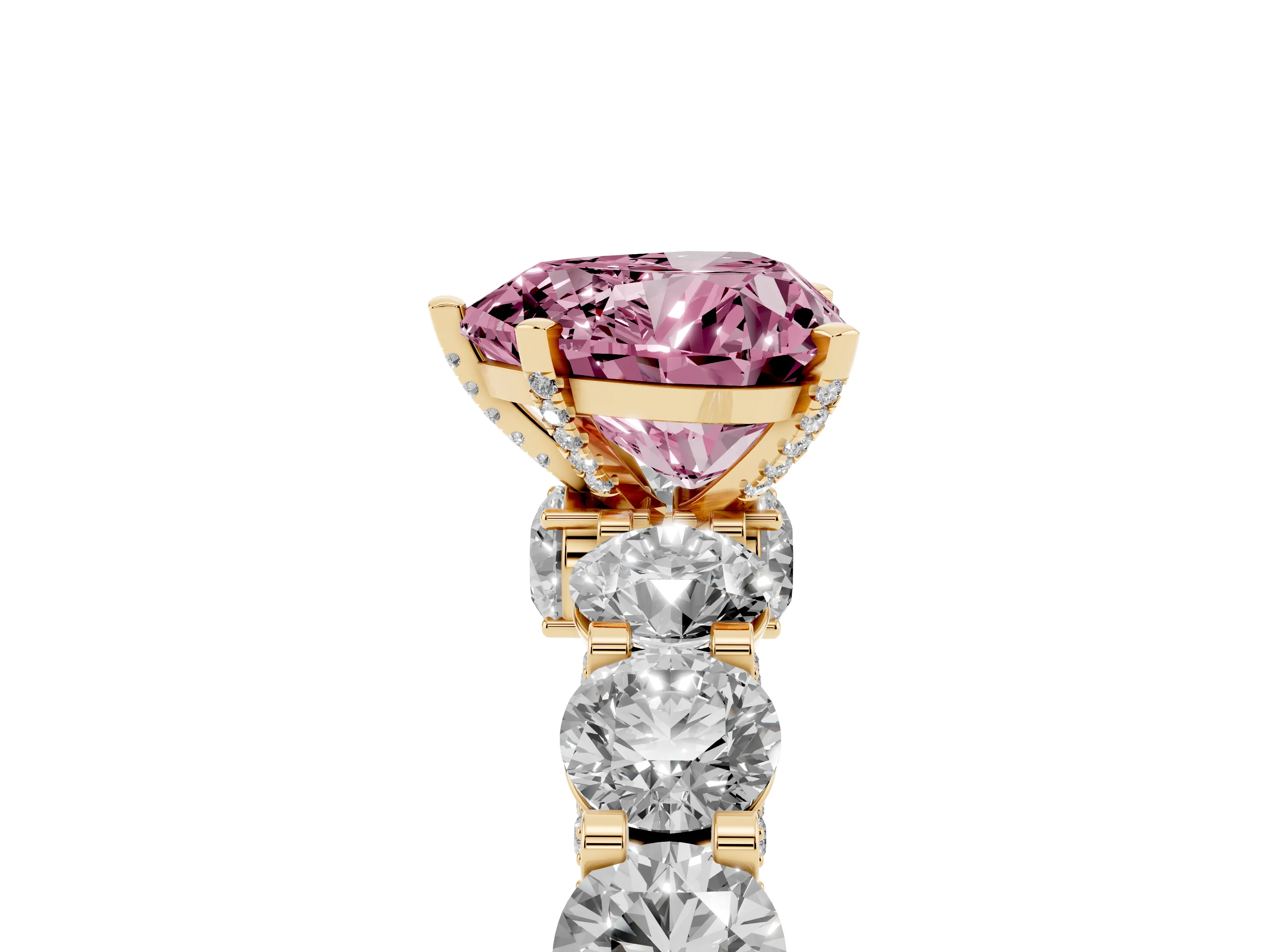 Fancy Pink Heart Cut Diamond Side Stone Ring Set in Yellow gold with Alternating Round and Oval Side Stones