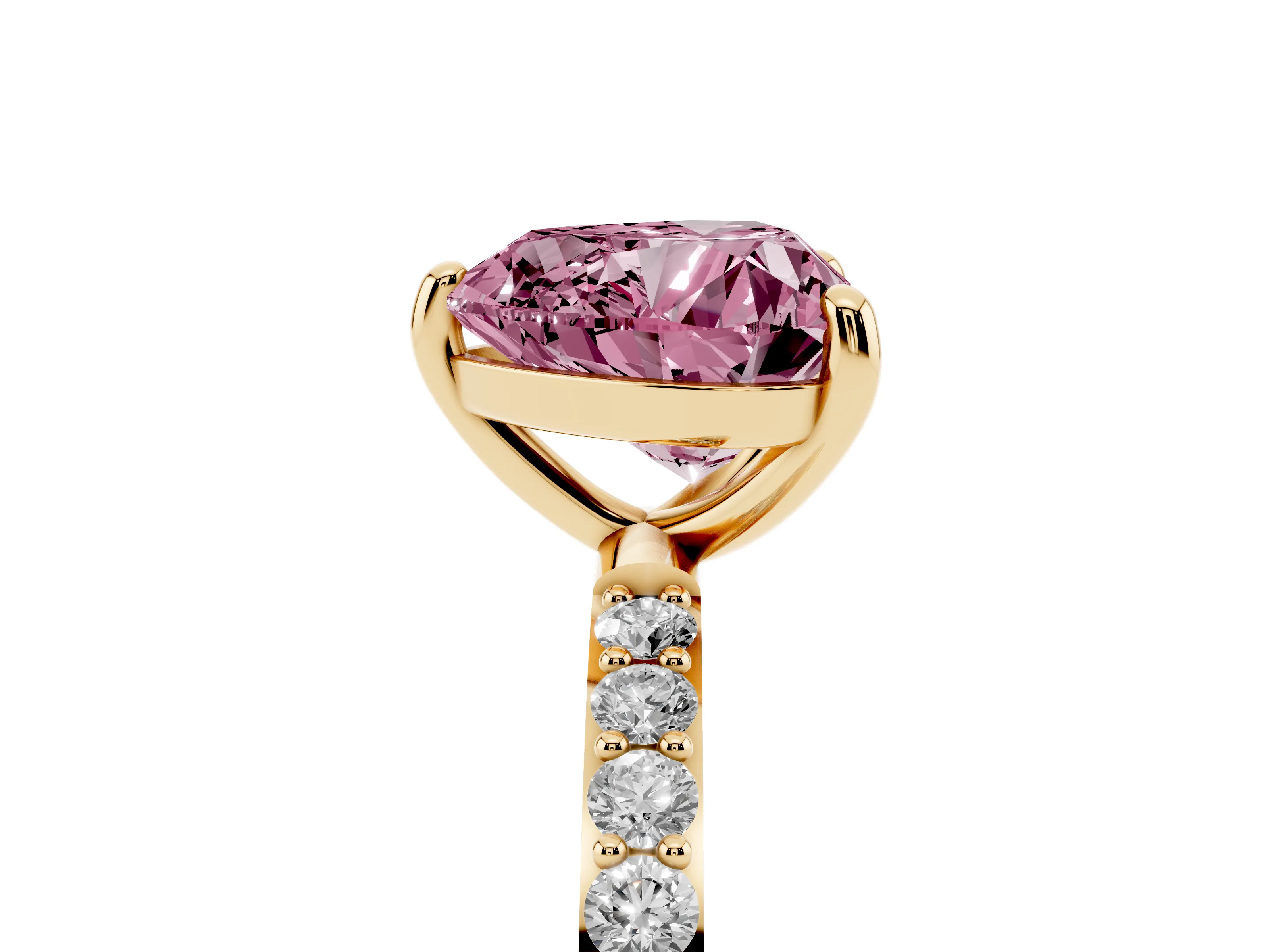 Fancy Pink Heart Cut Diamond Solitaire Ring Set in Yellow gold with Round Pavé Band and Prong Setting