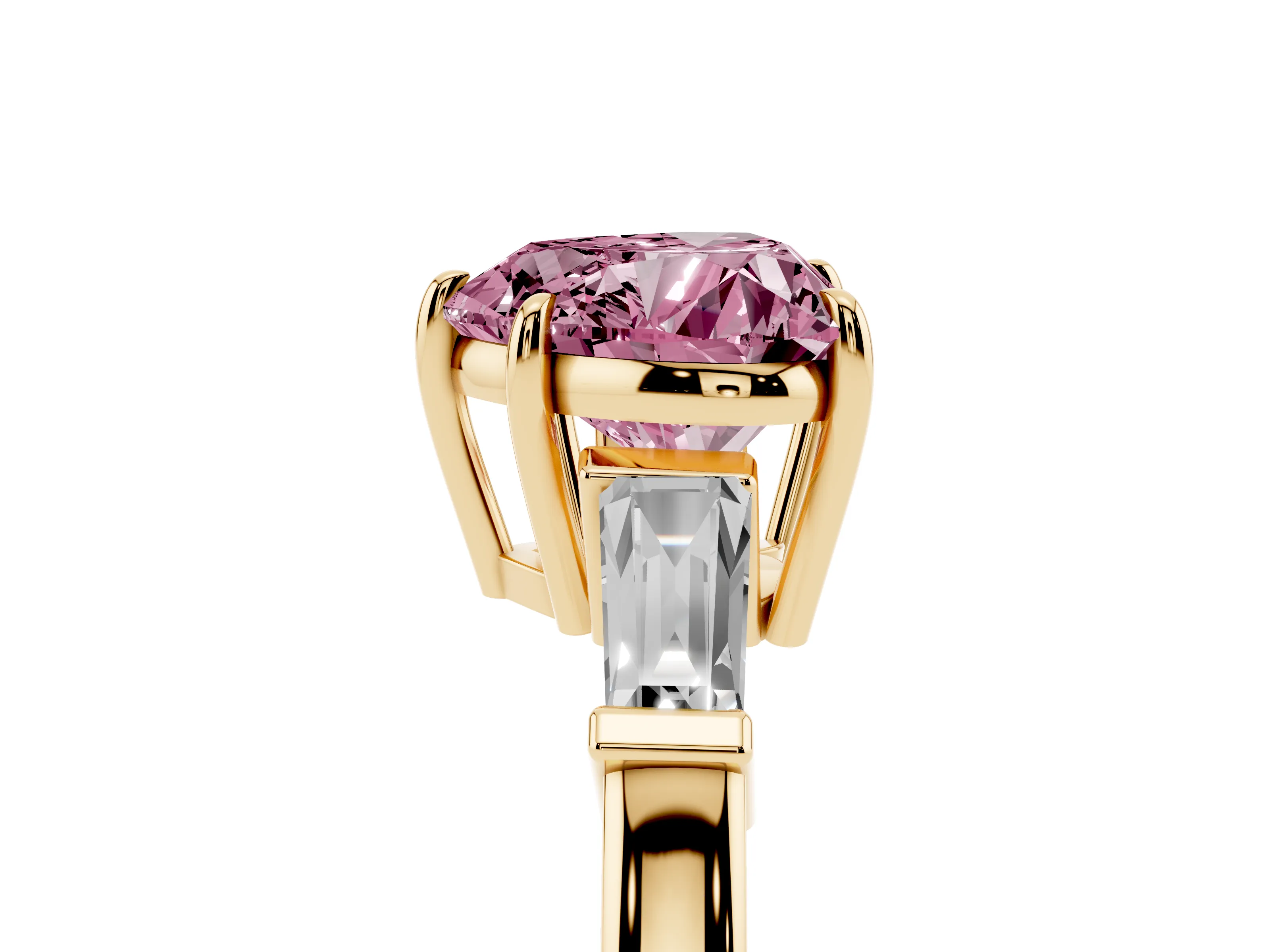 Fancy Pink Heart Cut Diamond Three-Stone Ring Set in Yellow gold with Tapered Baguette Side Stones and Prong Setting