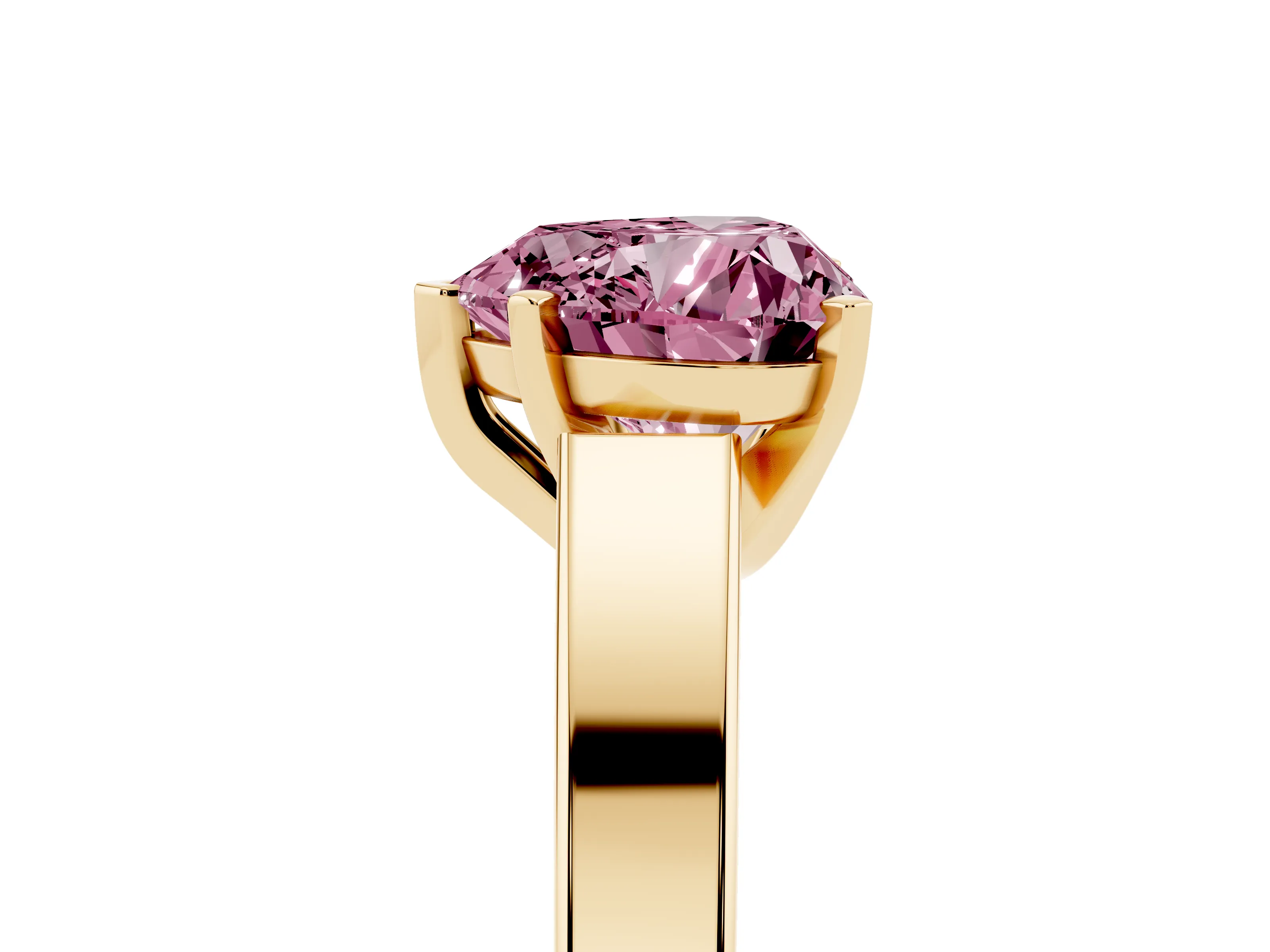 Fancy Pink Heart Cut Diamond Solitaire Engagement Ring Set in Yellow gold with Prong Setting and Tapered Band