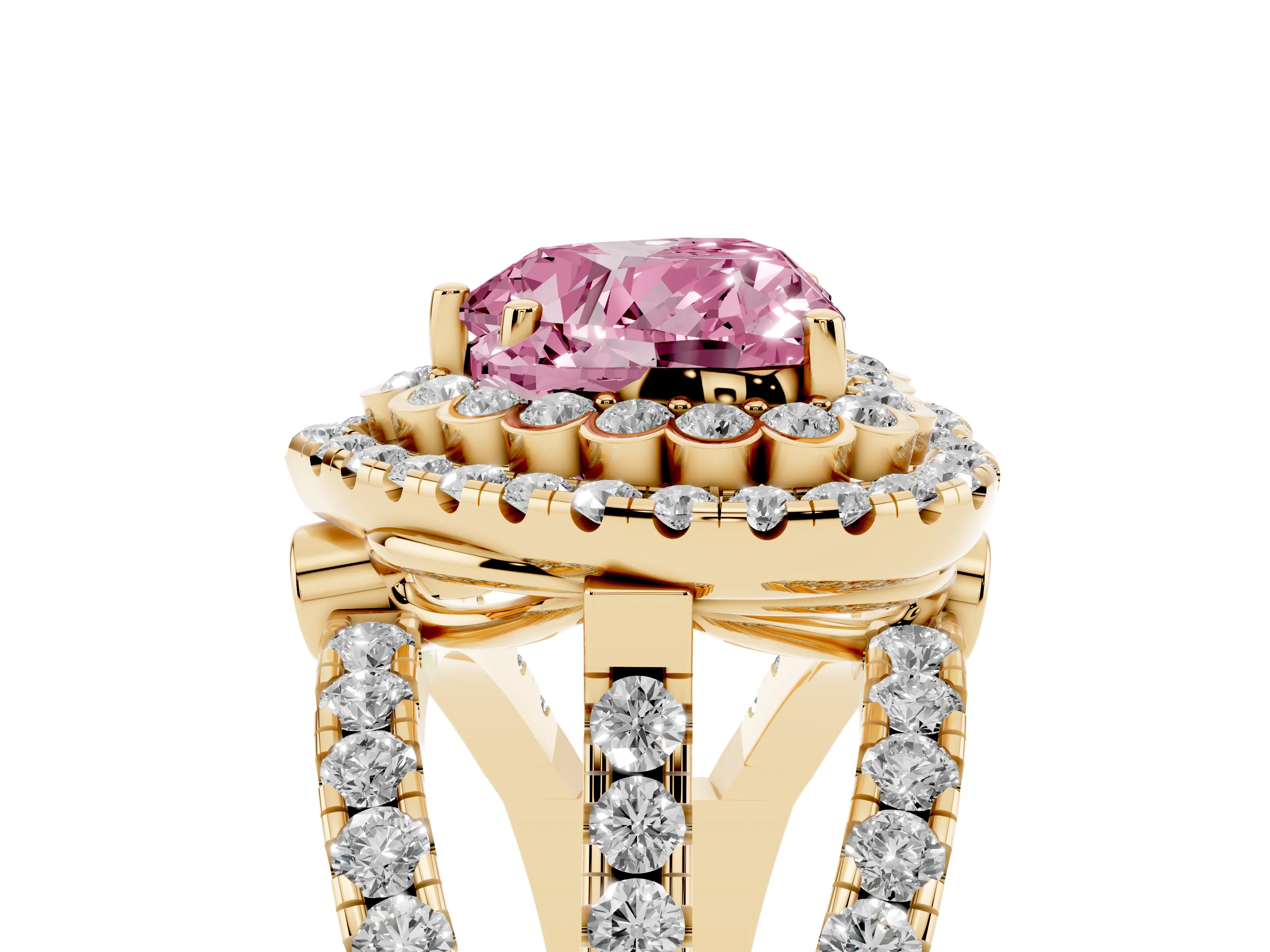 Fancy Pink Heart Cut Diamond Double Halo Ring Set in Yellow gold with Round Pavé Split Shank