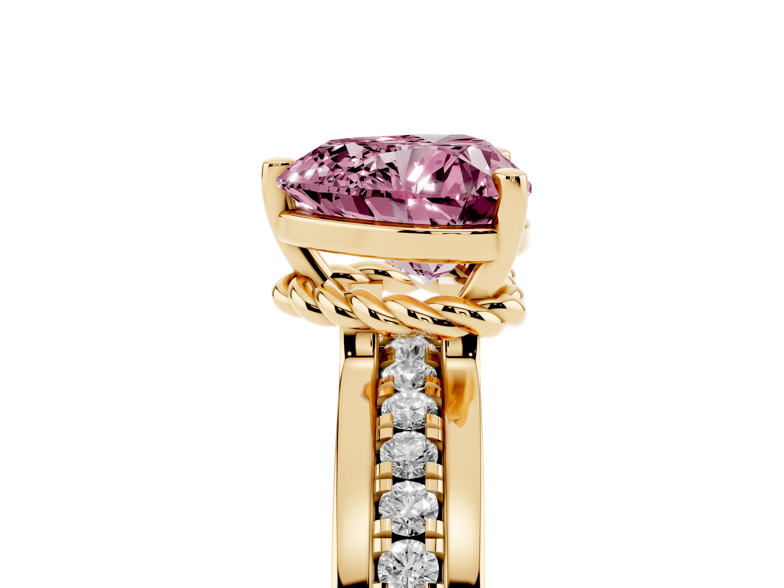 Fancy Pink Heart Cut Diamond Solitaire Ring Set in Yellow gold with Channel Set Band and Prong Setting