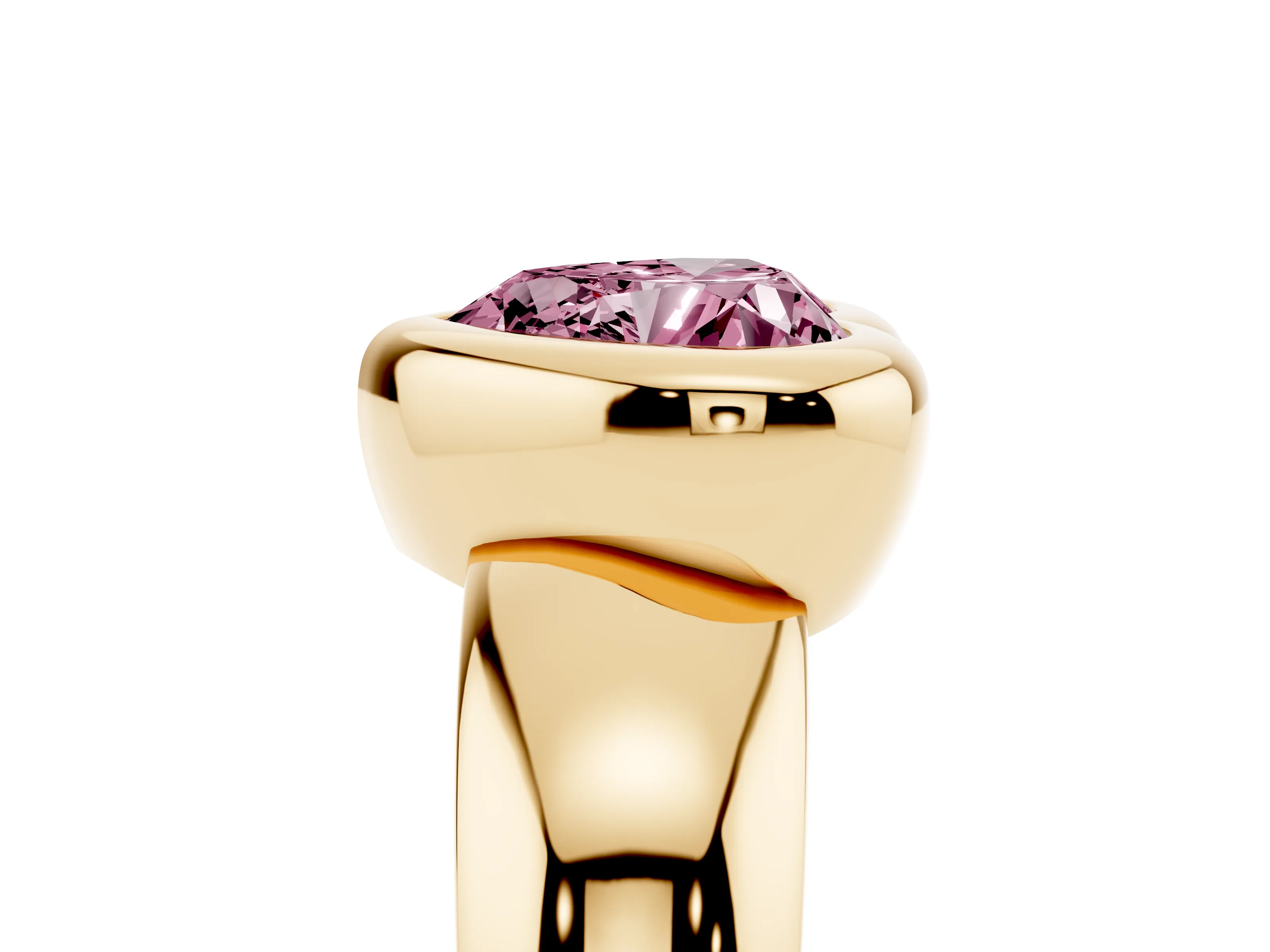 Fancy Pink Bezel Set Heart Cut Diamond Solitaire Ring Set in Yellow gold with Wide Band