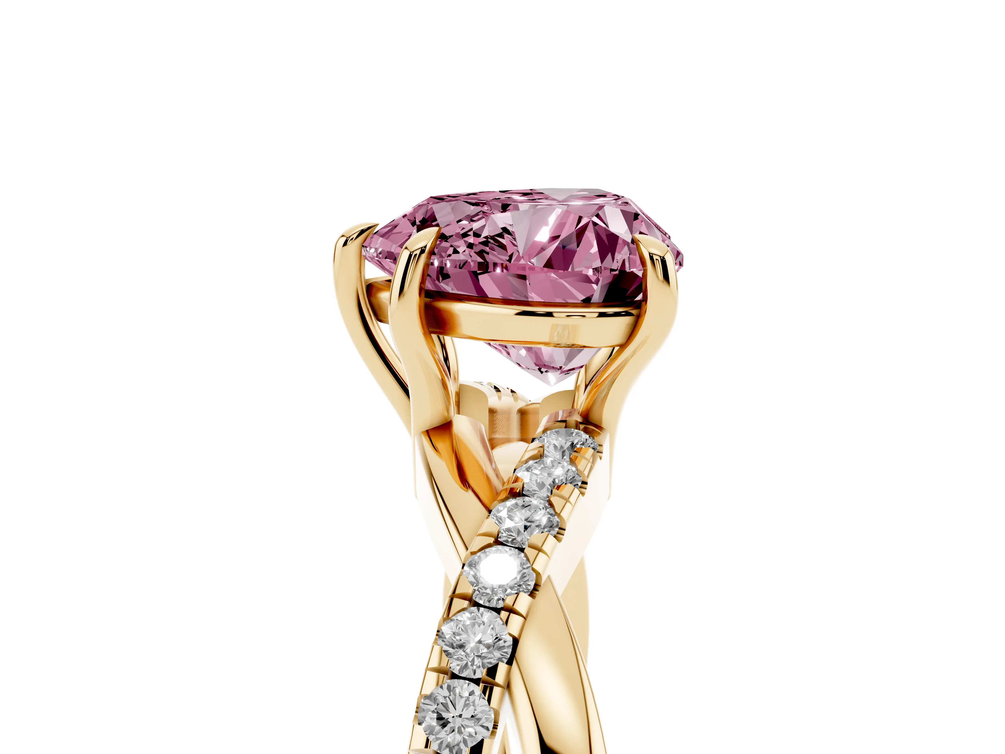 Fancy Pink Heart Cut Diamond Twisted Pavé Band Ring Set in Yellow gold with Prong Setting