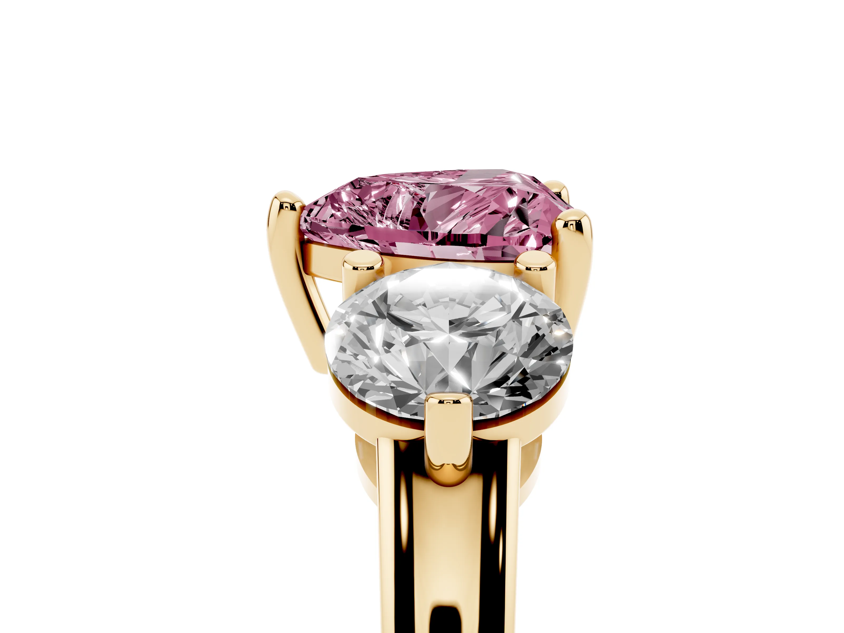 Fancy Pink Heart Cut Diamond Three-Stone Ring Set in Yellow gold with Prong Setting and Classic Band
