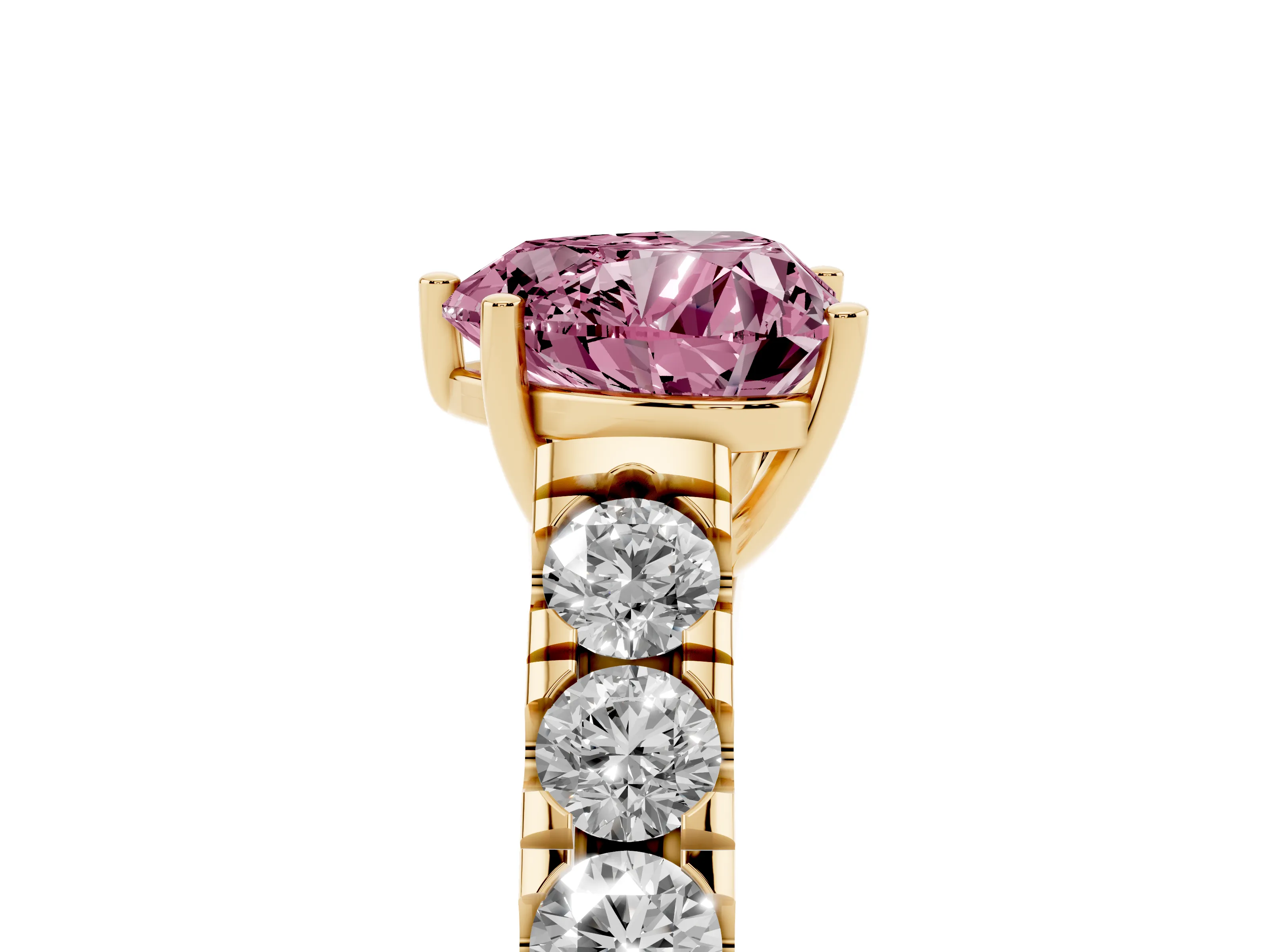 Fancy Pink Heart Cut Diamond Solitaire Ring Set in Yellow gold with Cut-Down Micro Pavé Band and Prong Setting