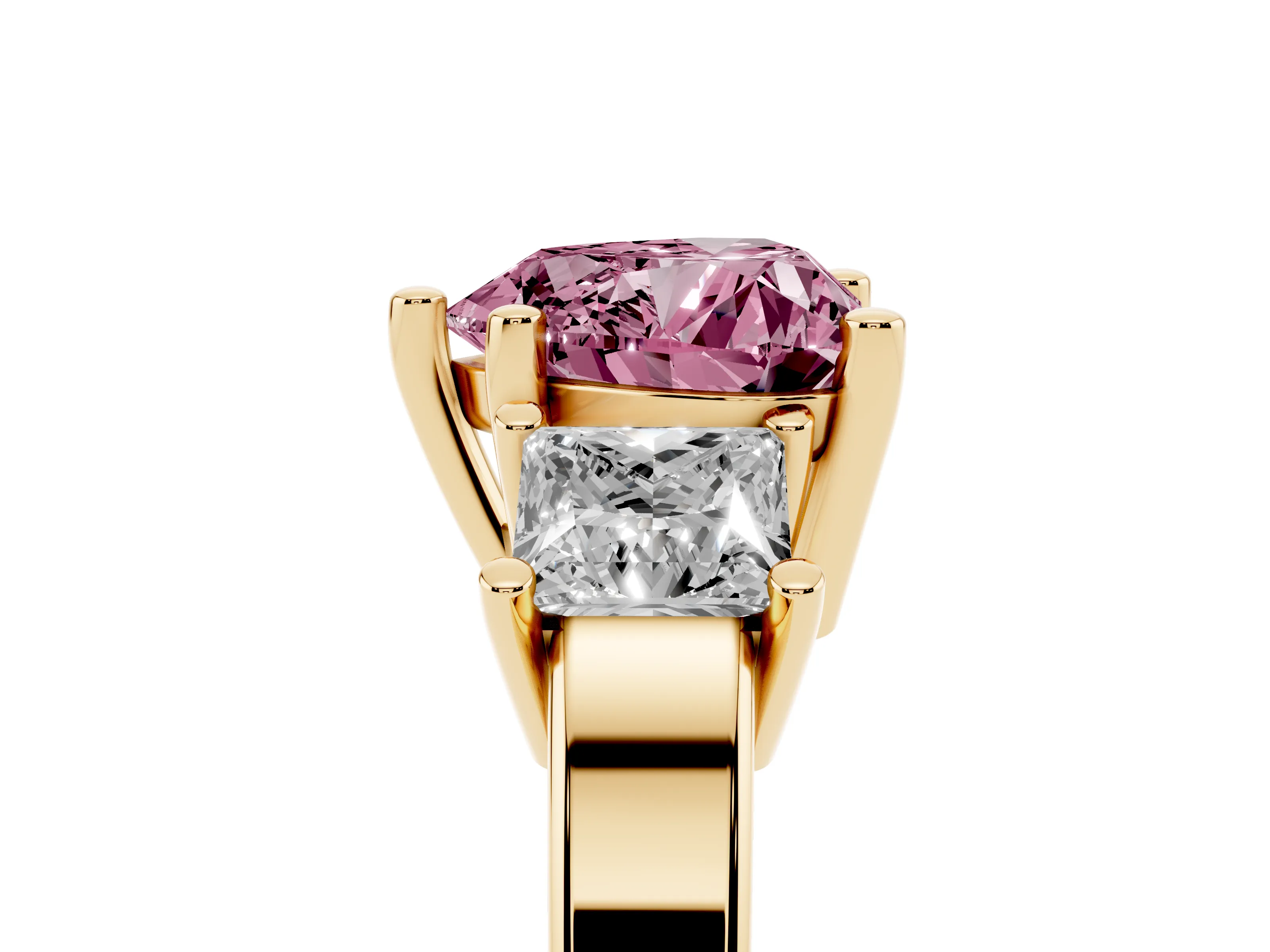 Fancy Pink Three-Stone Heart Cut Diamond Solitaire Ring Set in Yellow gold with Prong Setting