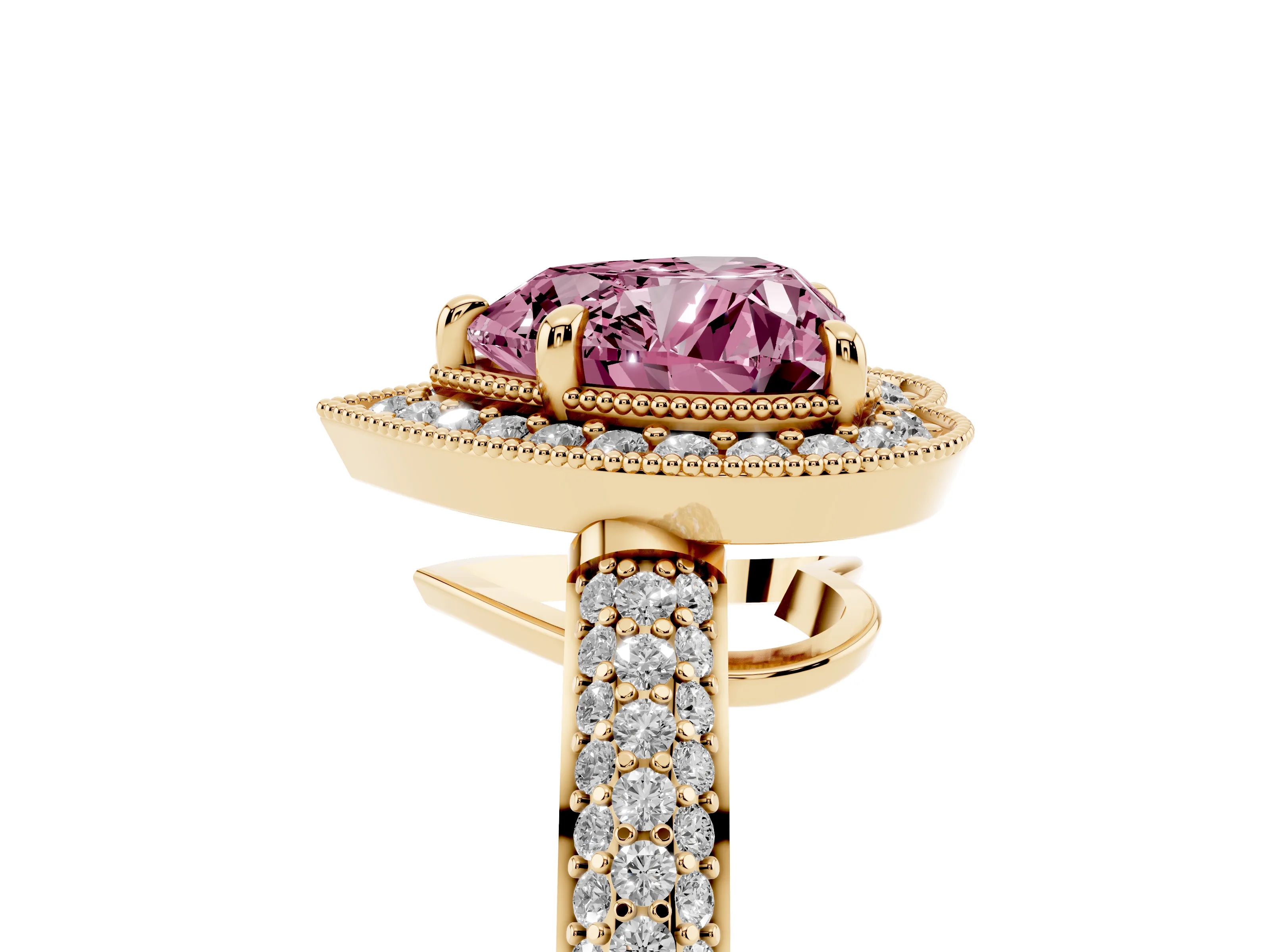Fancy Pink Heart Cut Diamond Halo Pavé Band Set in Yellow gold with Prong Setting