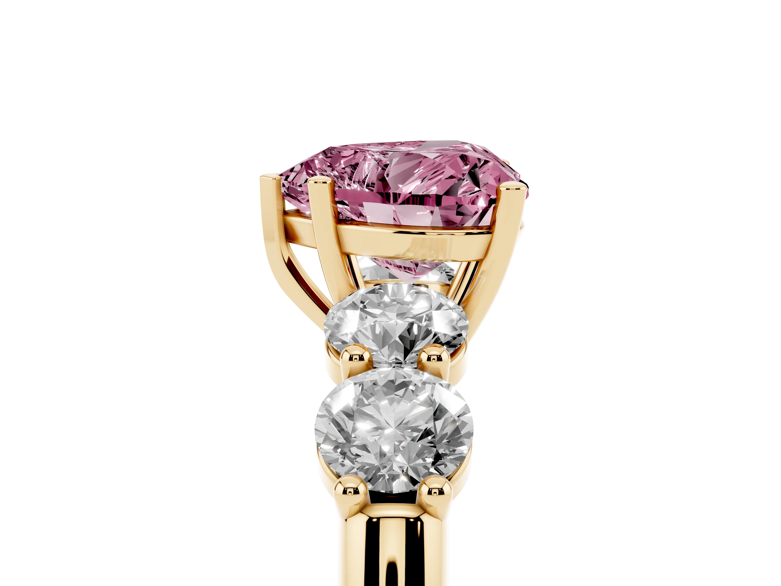 Fancy Pink Heart Cut Diamond Five-Stone Prong Set Ring Set in Yellow gold with Classic Band