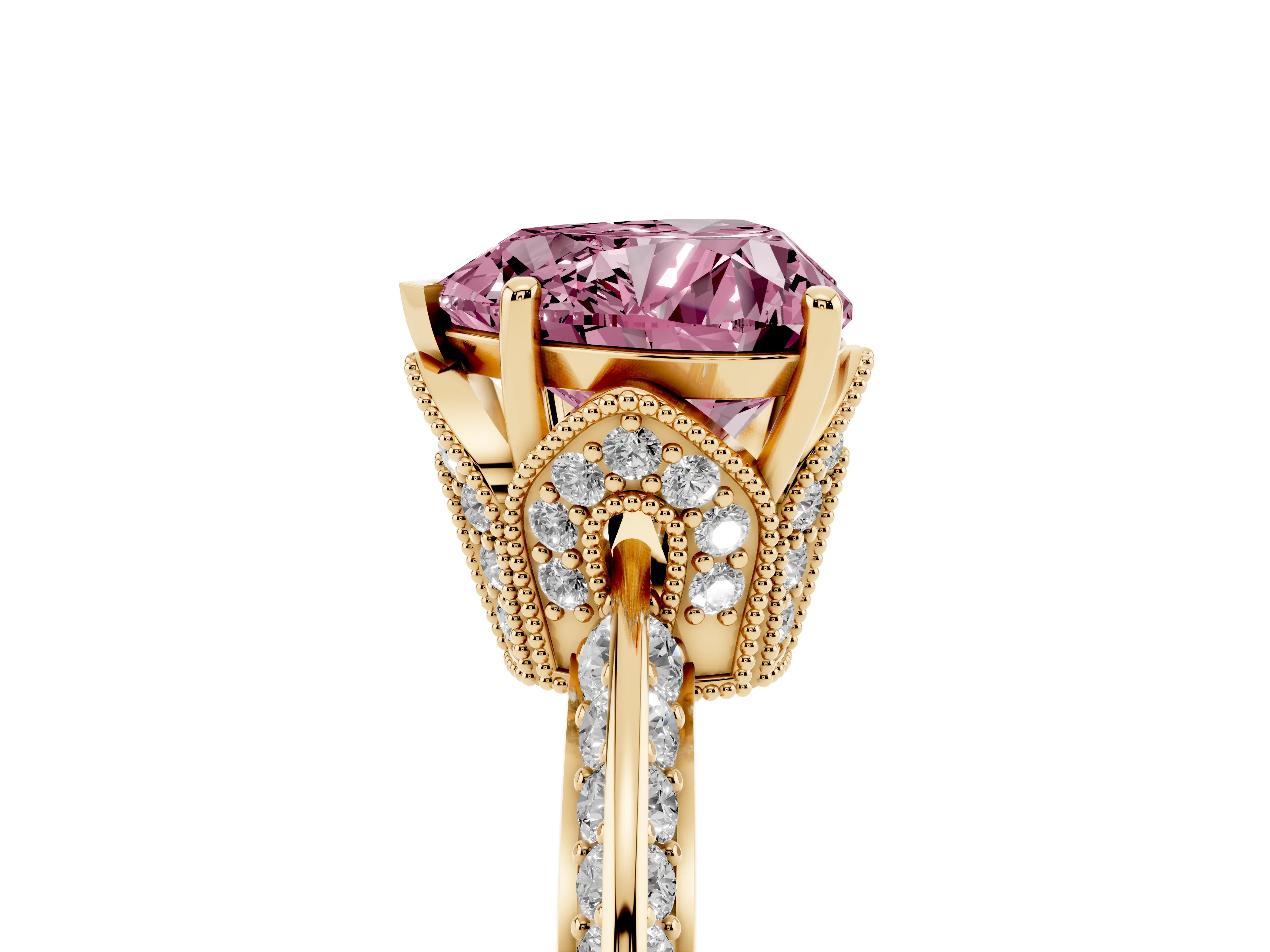 Fancy Pink Heart Cut Diamond Solitaire Engagement Ring Set in Yellow gold with Pavé Split Shank and Prong Setting