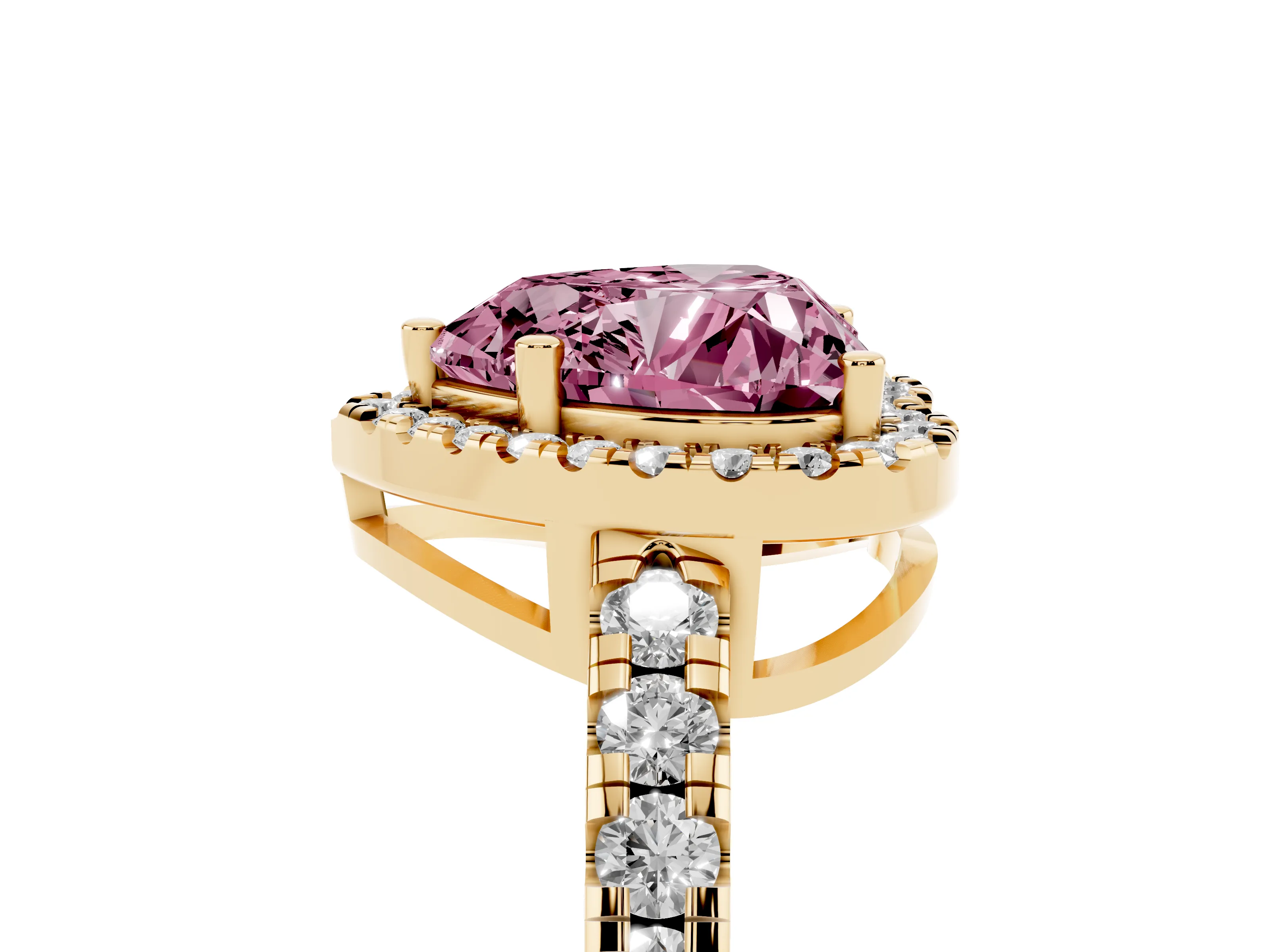 Fancy Pink Heart Cut Diamond Halo Ring Set in Yellow gold with Delicate Pavé Band and Prong Setting