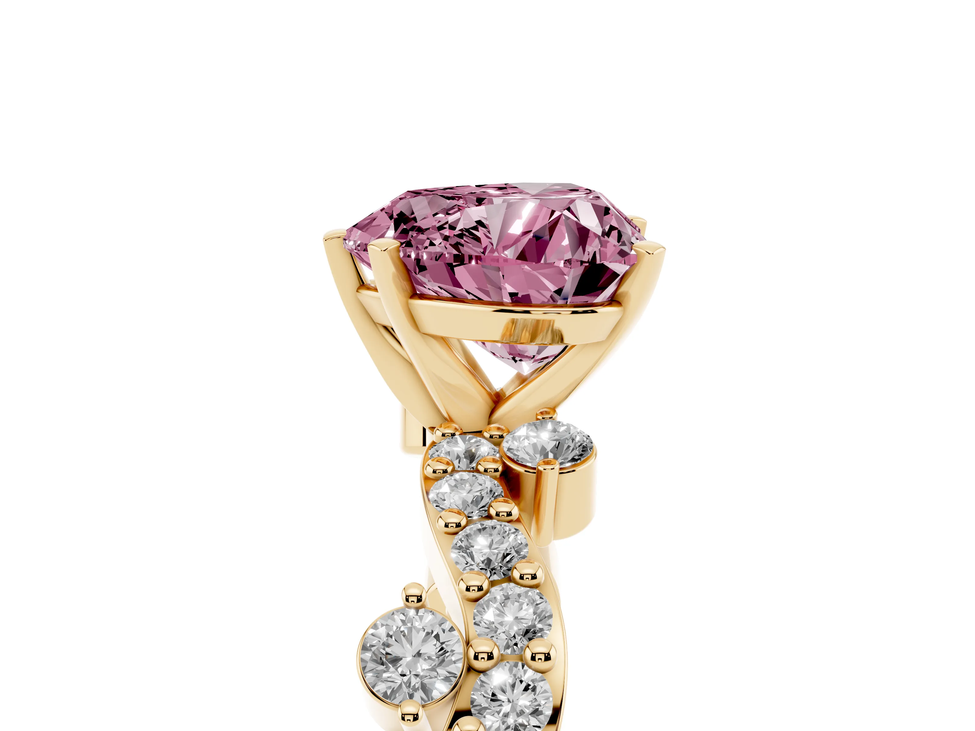 Fancy Pink Heart Cut Diamond Solitaire Twisted Band Set in Yellow gold with Pavé Setting