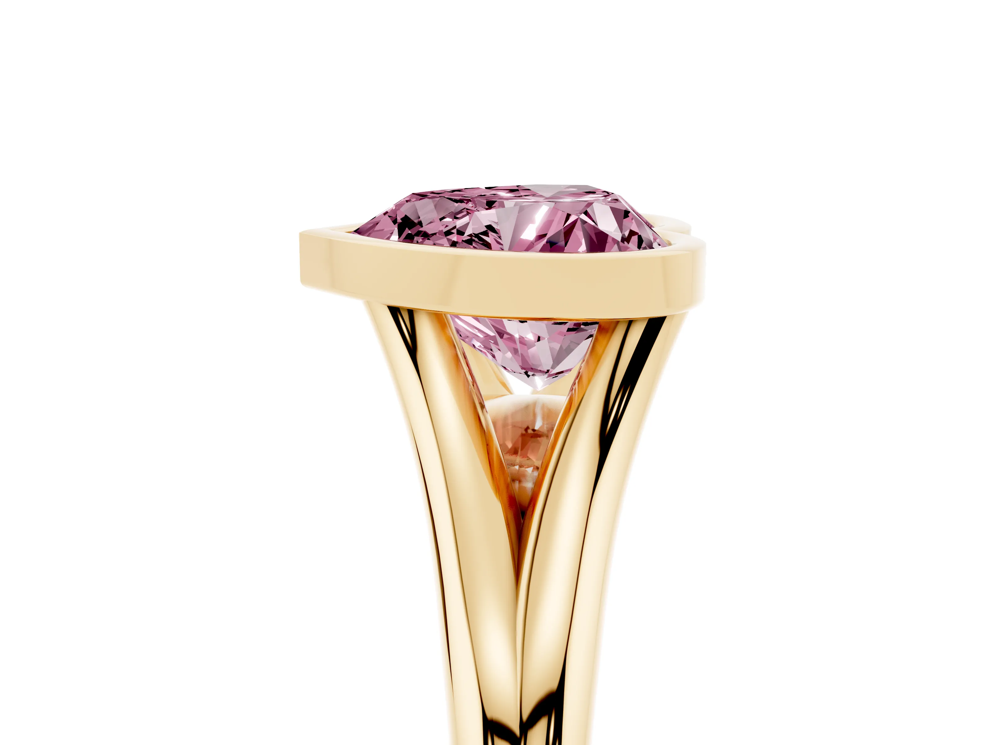 Fancy Pink Bezel Set Heart Cut Diamond Solitaire Ring Set in Yellow gold with Tapered Band