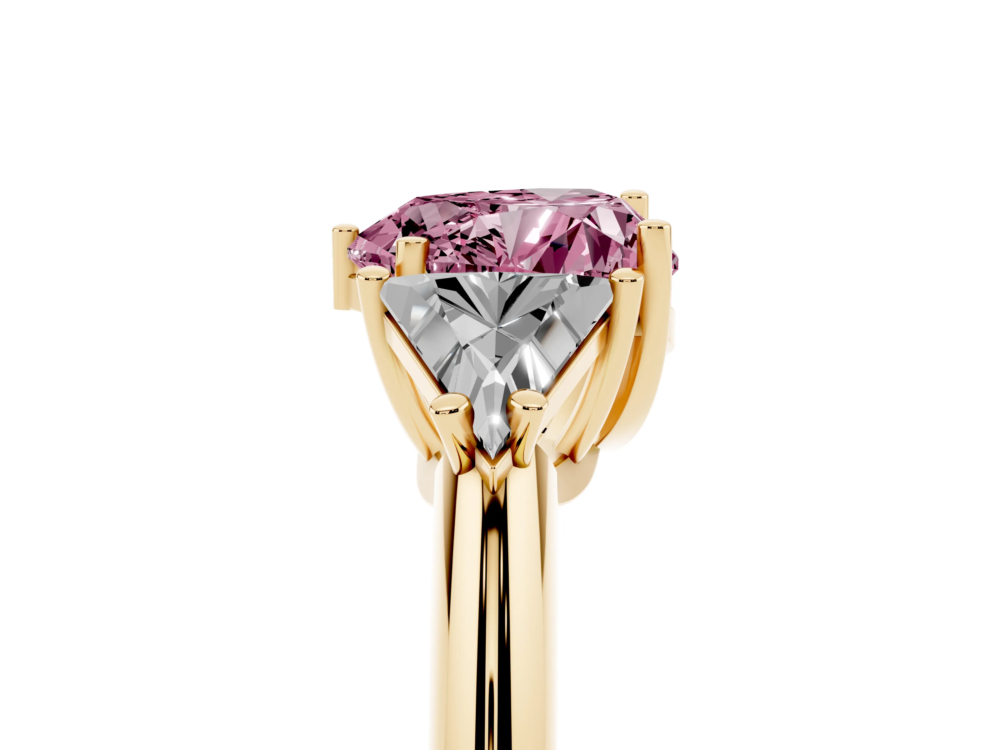 Fancy Pink Heart Cut Diamond Three-Stone Engagement Ring Set in Yellow gold with Trillion Side Stones