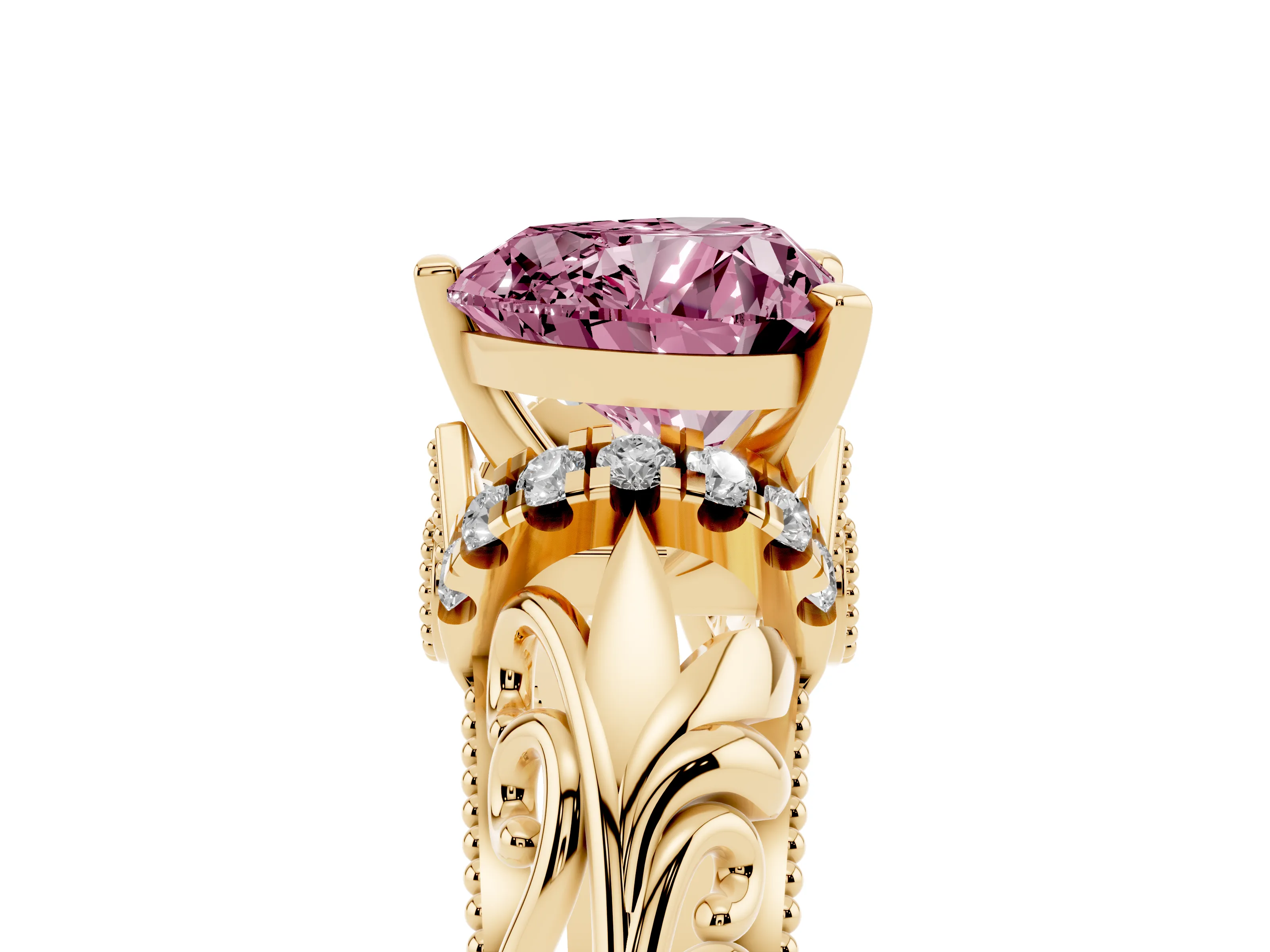 Fancy Pink Heart Cut Diamond Filigree Halo Engagement Ring Set in Yellow gold with Prong Setting