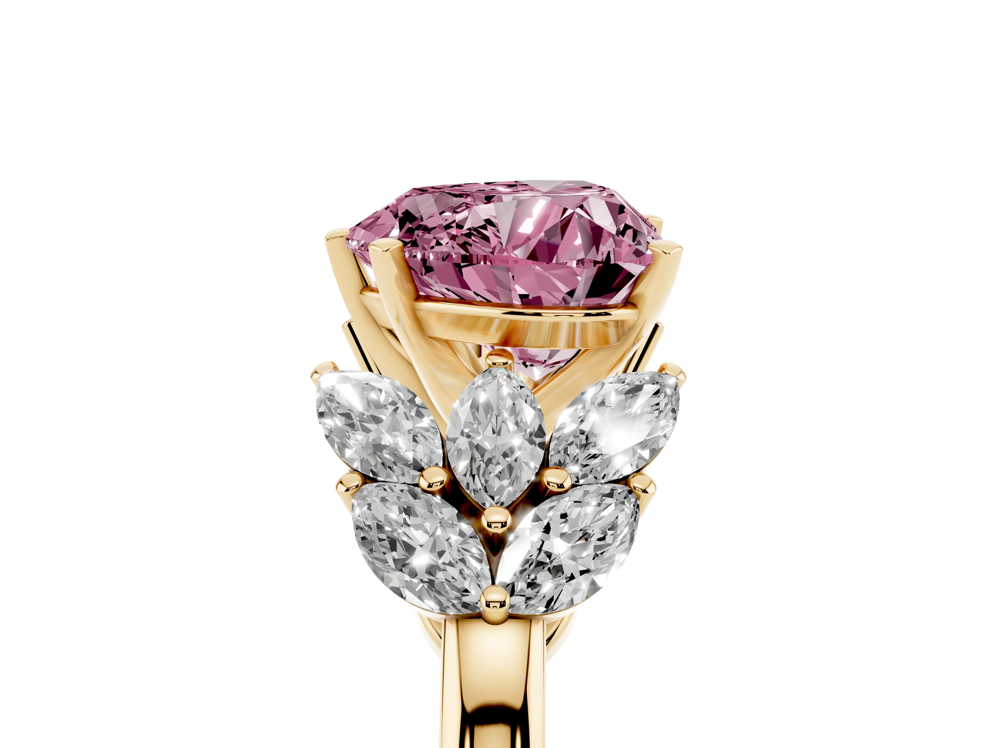Fancy Pink Heart Cut Diamond Cluster Leaf Design Ring Set in Yellow gold with Prong Setting
