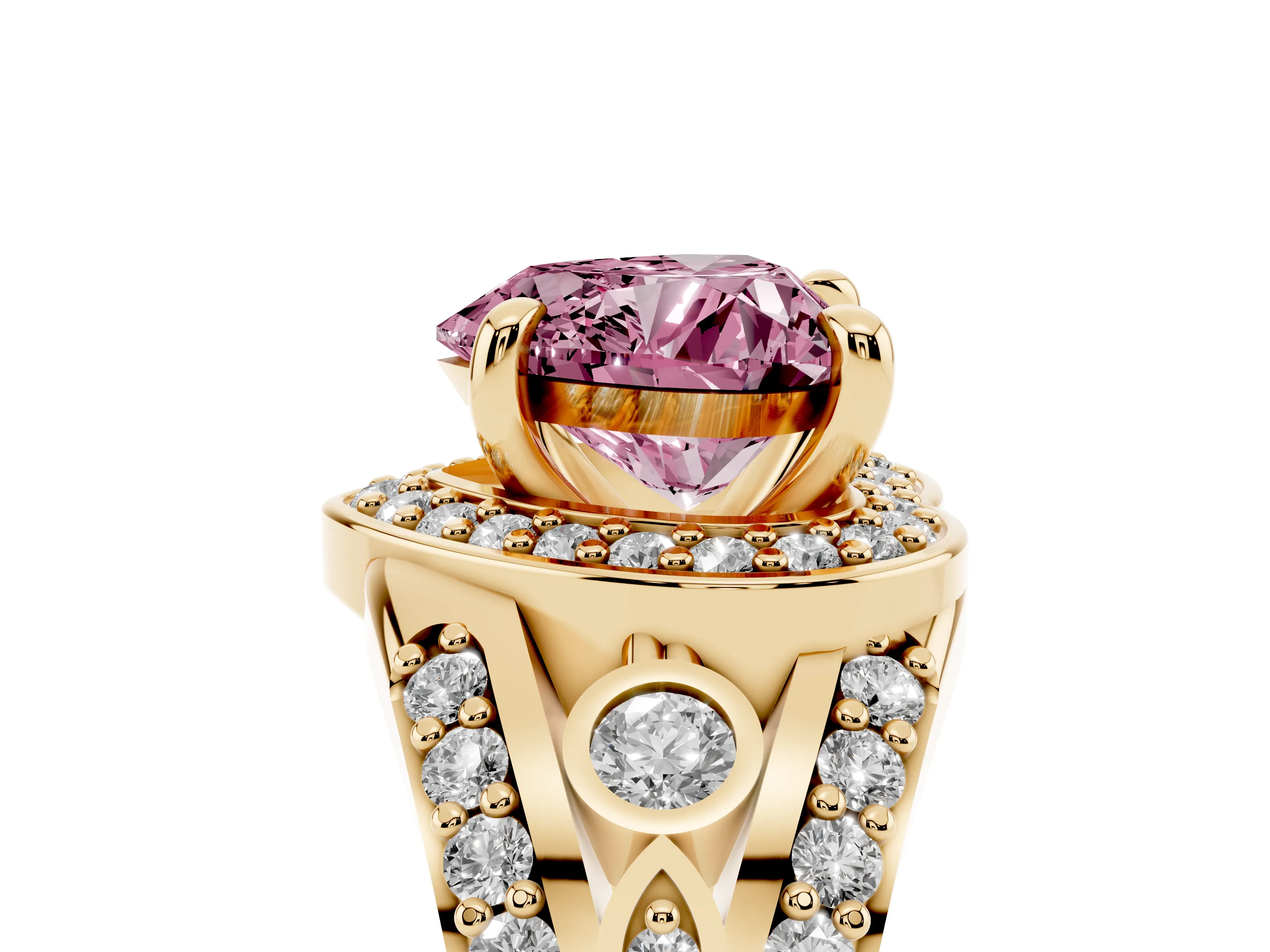 Fancy Pink Heart Cut Diamond Halo Ring Set in Yellow gold with Pavé Split Shank and Bezel Accents