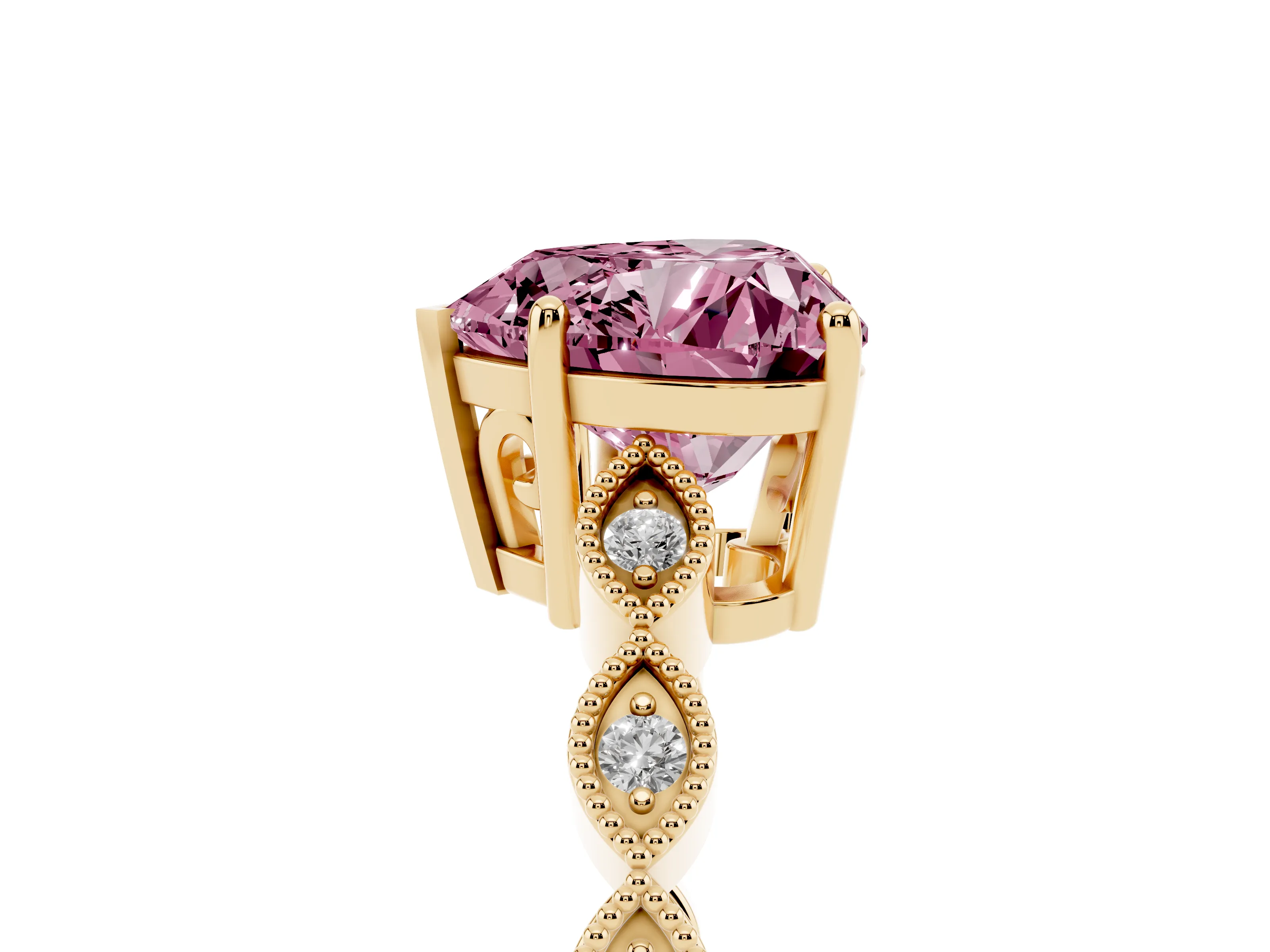 Fancy Pink Heart Cut Diamond Solitaire Ring Set in Yellow gold with Infinity Twist Pavé Band