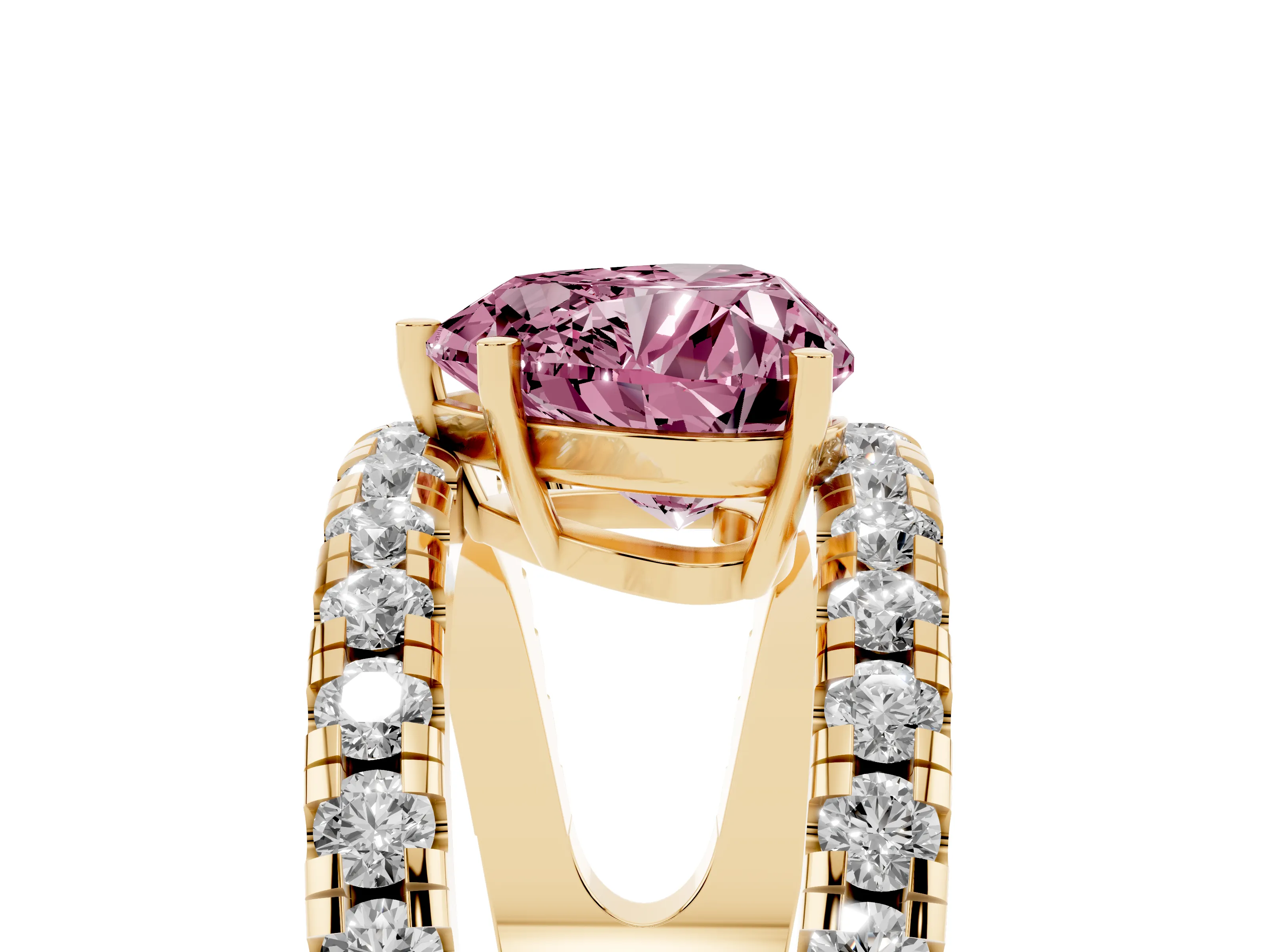 Fancy Pink Heart Cut Diamond Split Shank Pavé Solitaire Ring Set in Yellow gold with Open Shank Design