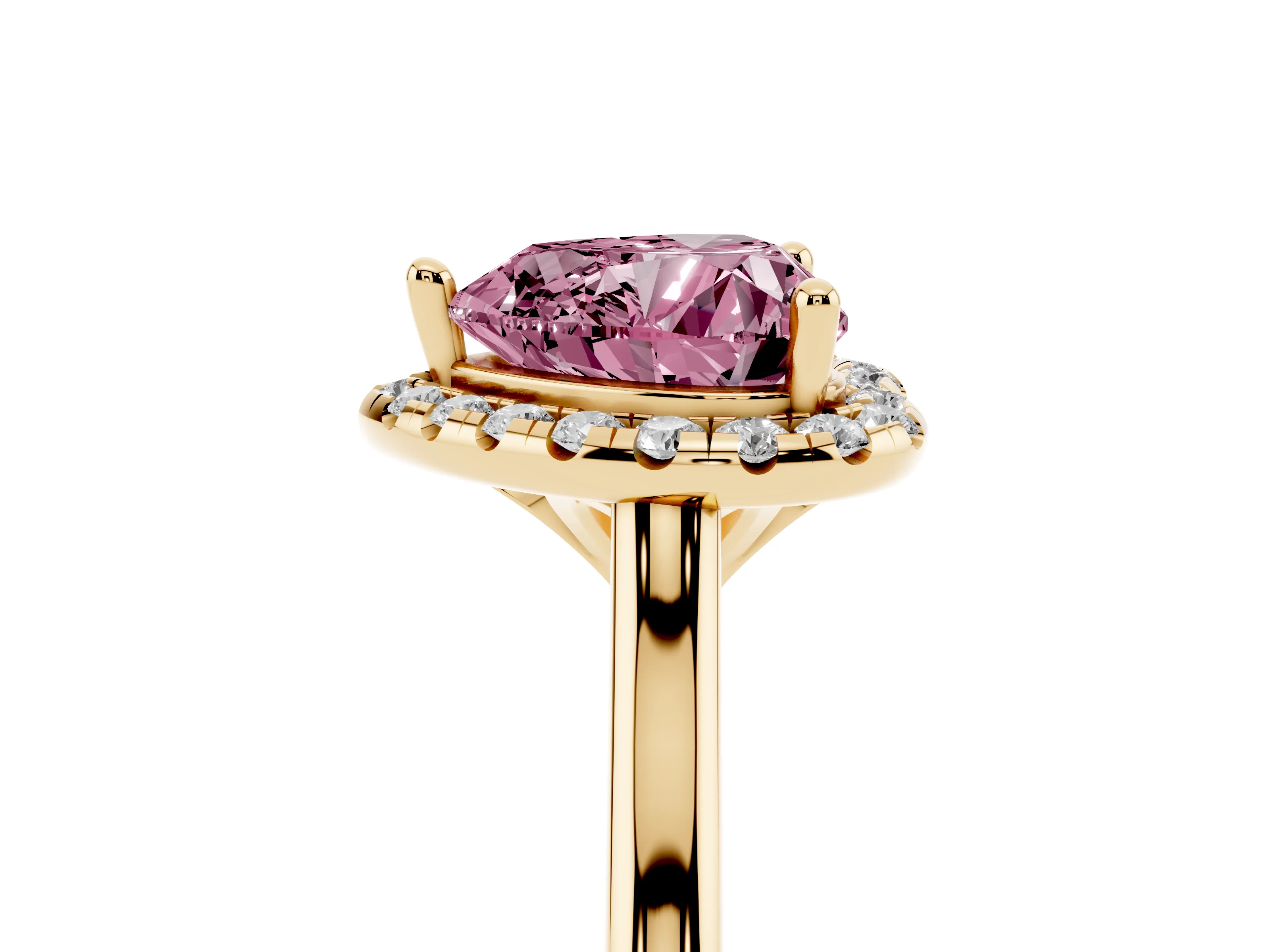 Fancy Pink Heart Cut Diamond Halo Engagement Ring Set in Yellow gold with Pavé Band and Rising Shoulders