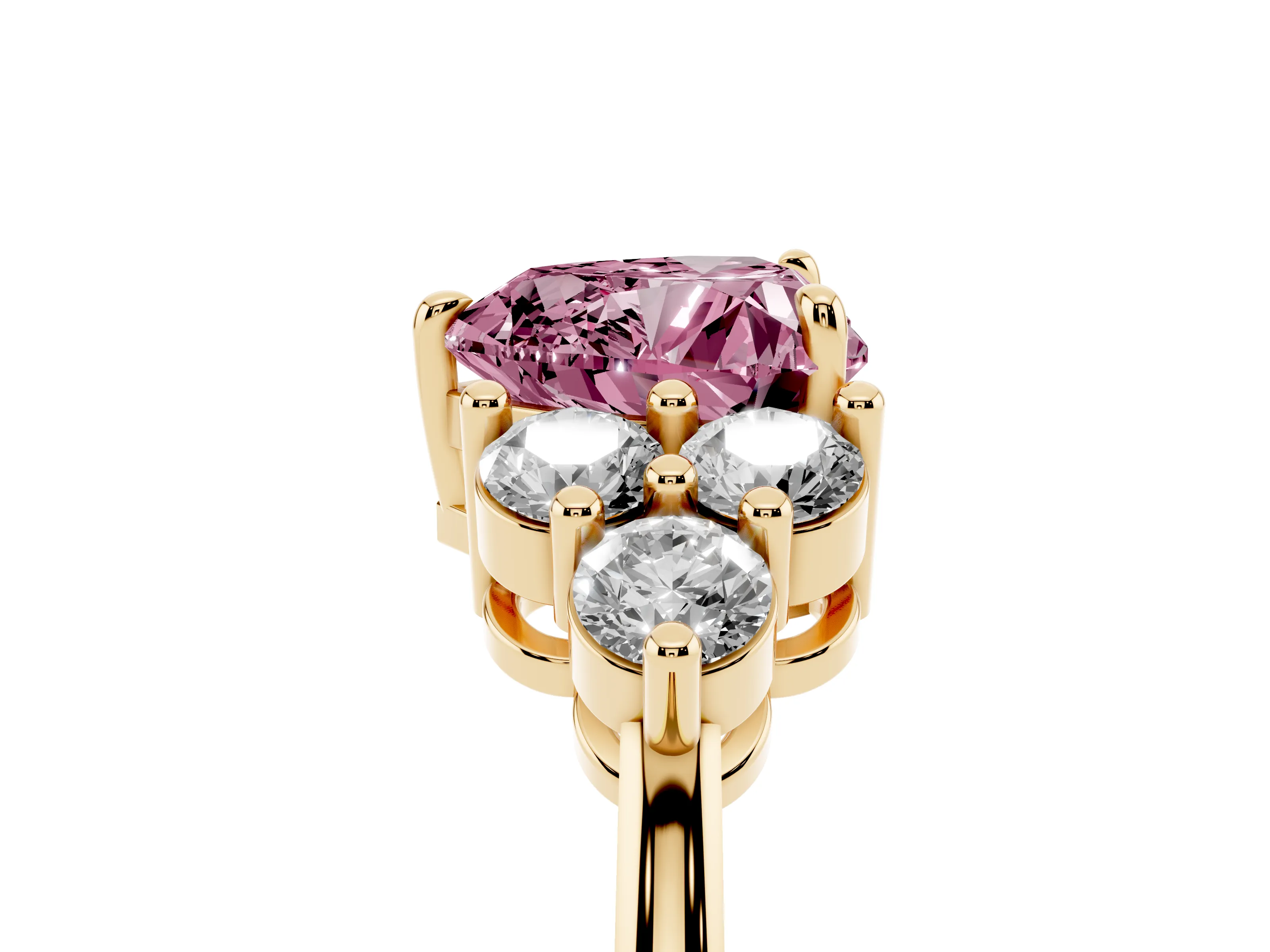 Fancy Pink Heart Cut Diamond Solitaire Ring Set in Yellow gold with Cluster Accents on Each Side