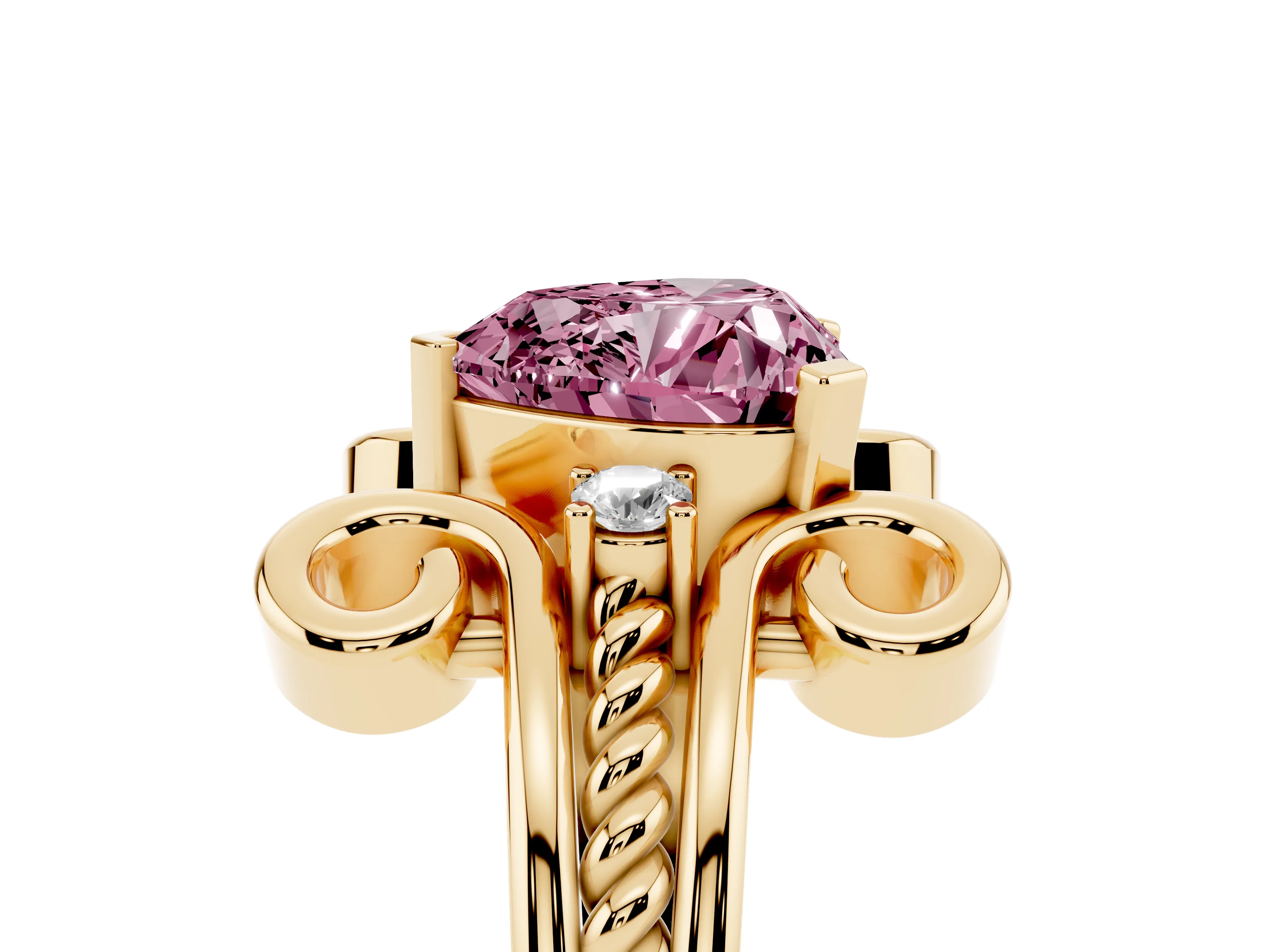 Fancy Pink Heart Cut Diamond Twisted Band Solitaire Ring Set in Yellow gold with Scroll Prongs