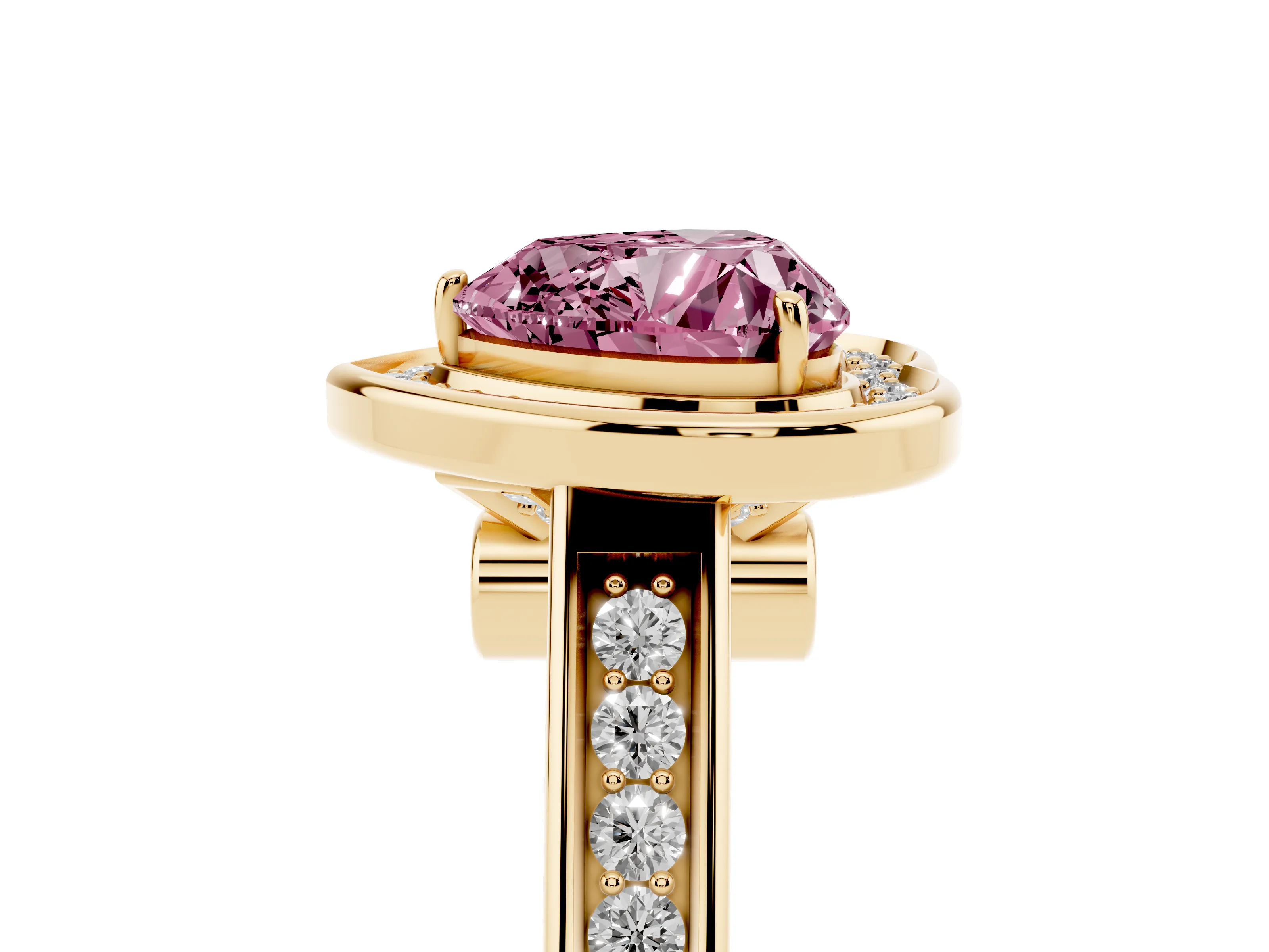 Fancy Pink Heart Cut Diamond Halo Solitaire Ring Set in Yellow gold with Pavé Band and Bezel Setting