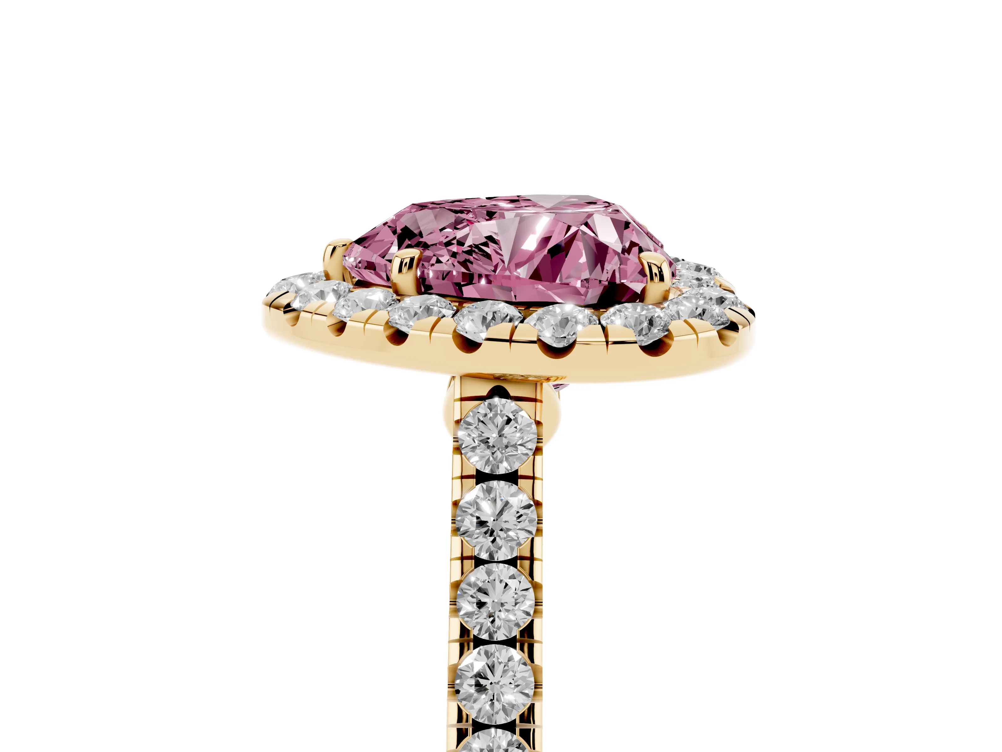 Fancy Pink Heart Cut Diamond Halo Pavé Engagement Ring Set in Yellow gold with Prong Setting