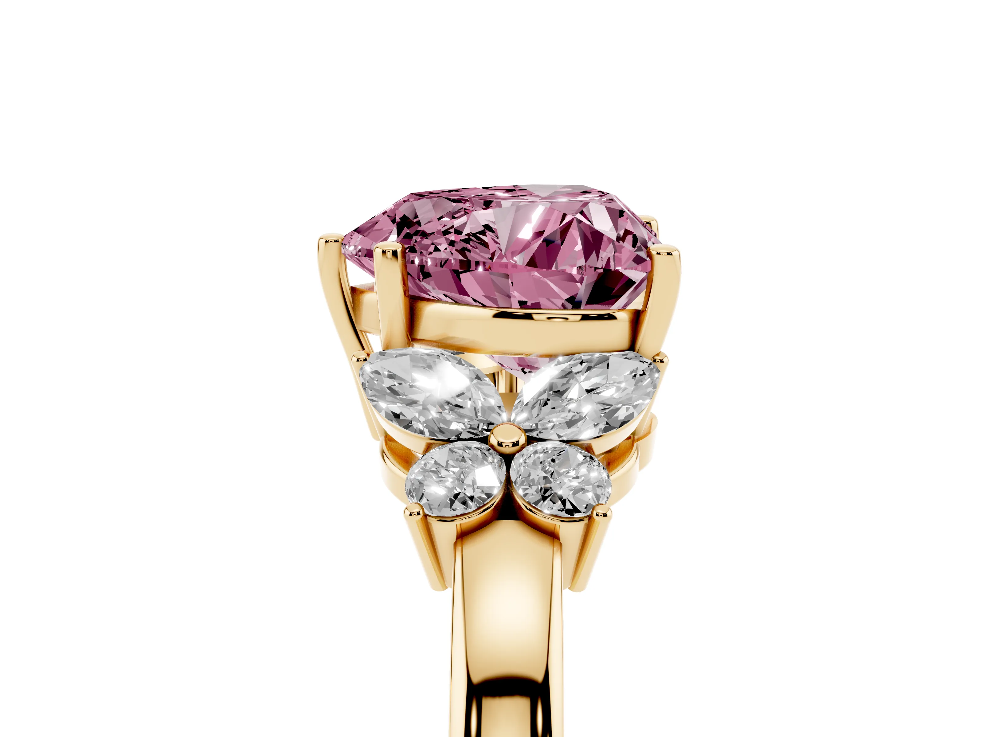 Fancy Pink Heart Cut Diamond Solitaire Floral Ring Set in Yellow gold with Marquise Petals and Prong Setting