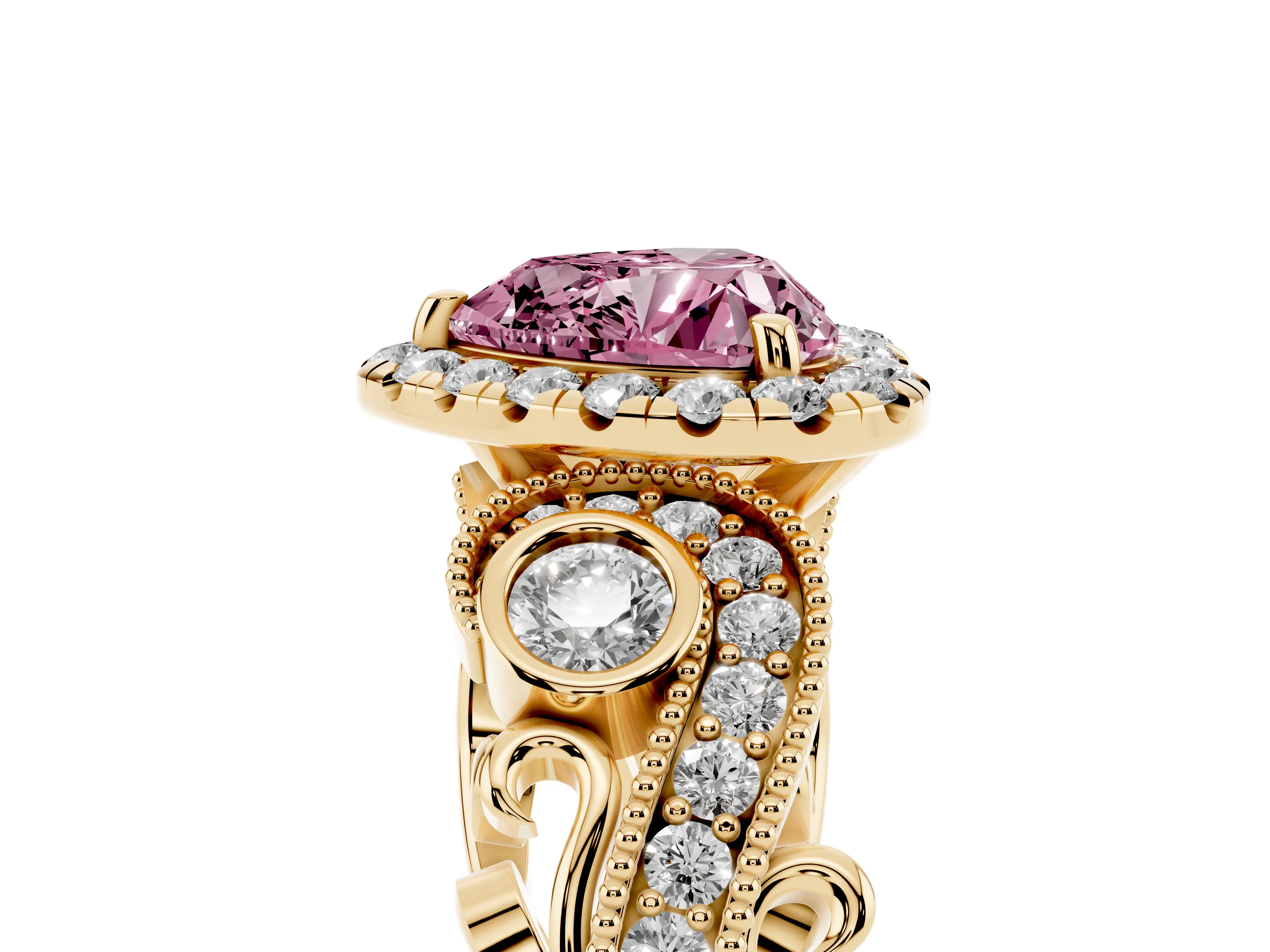 Fancy Pink Heart Cut Diamond Halo Ring Set in Yellow gold with Milgrain Pavé Band and Prong Setting