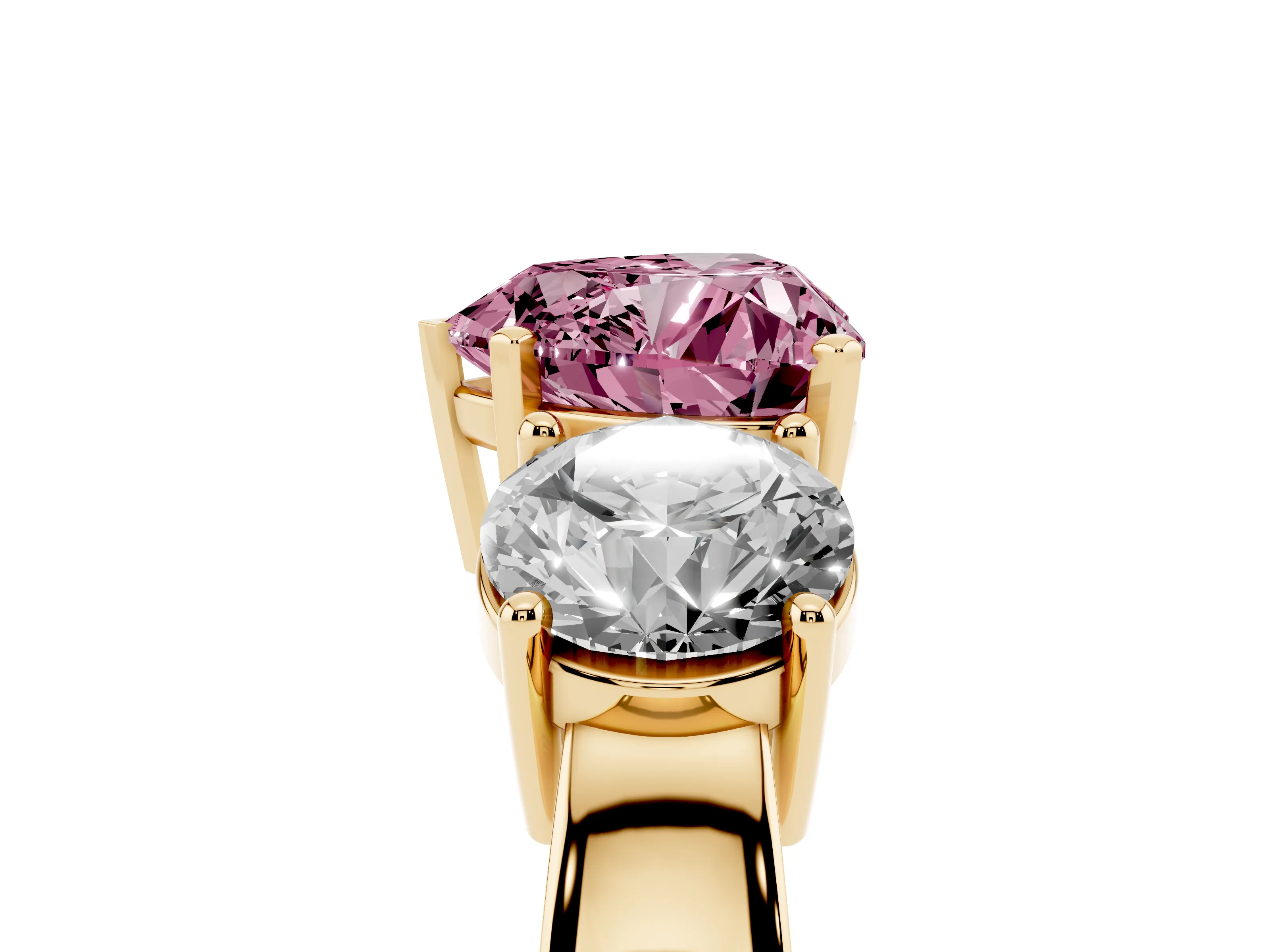 Fancy Pink Heart Cut Diamond Three-Stone Ring Set in Yellow gold with Round Side Stones and Classic Band